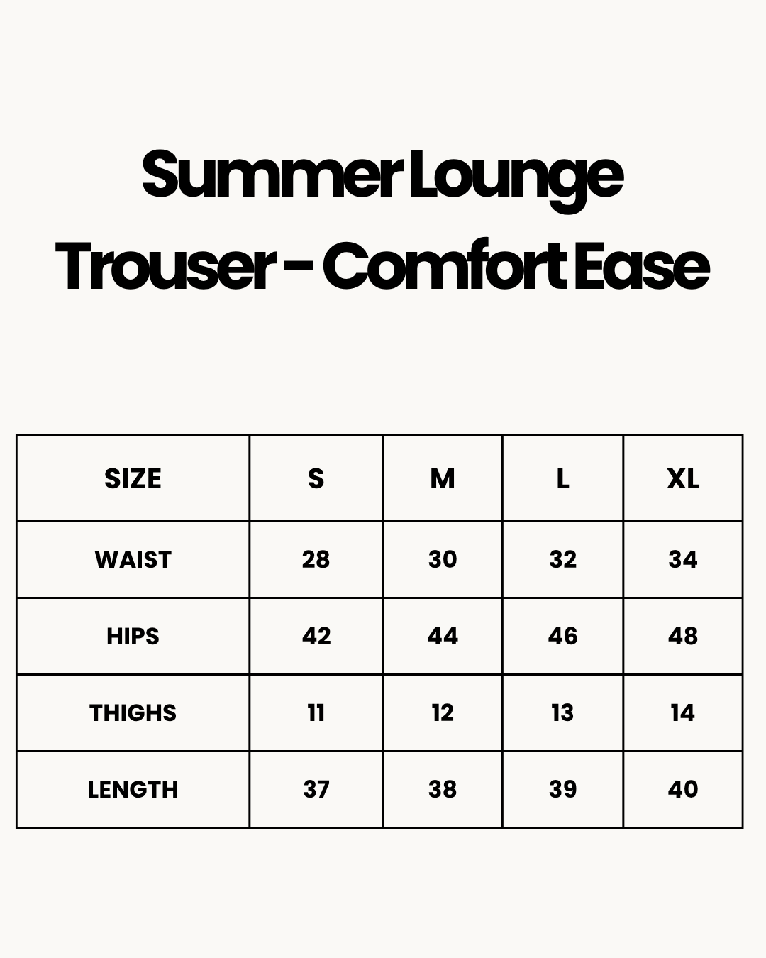Size Chart for Summer Lounge Trouser - Comfort Ease - Black