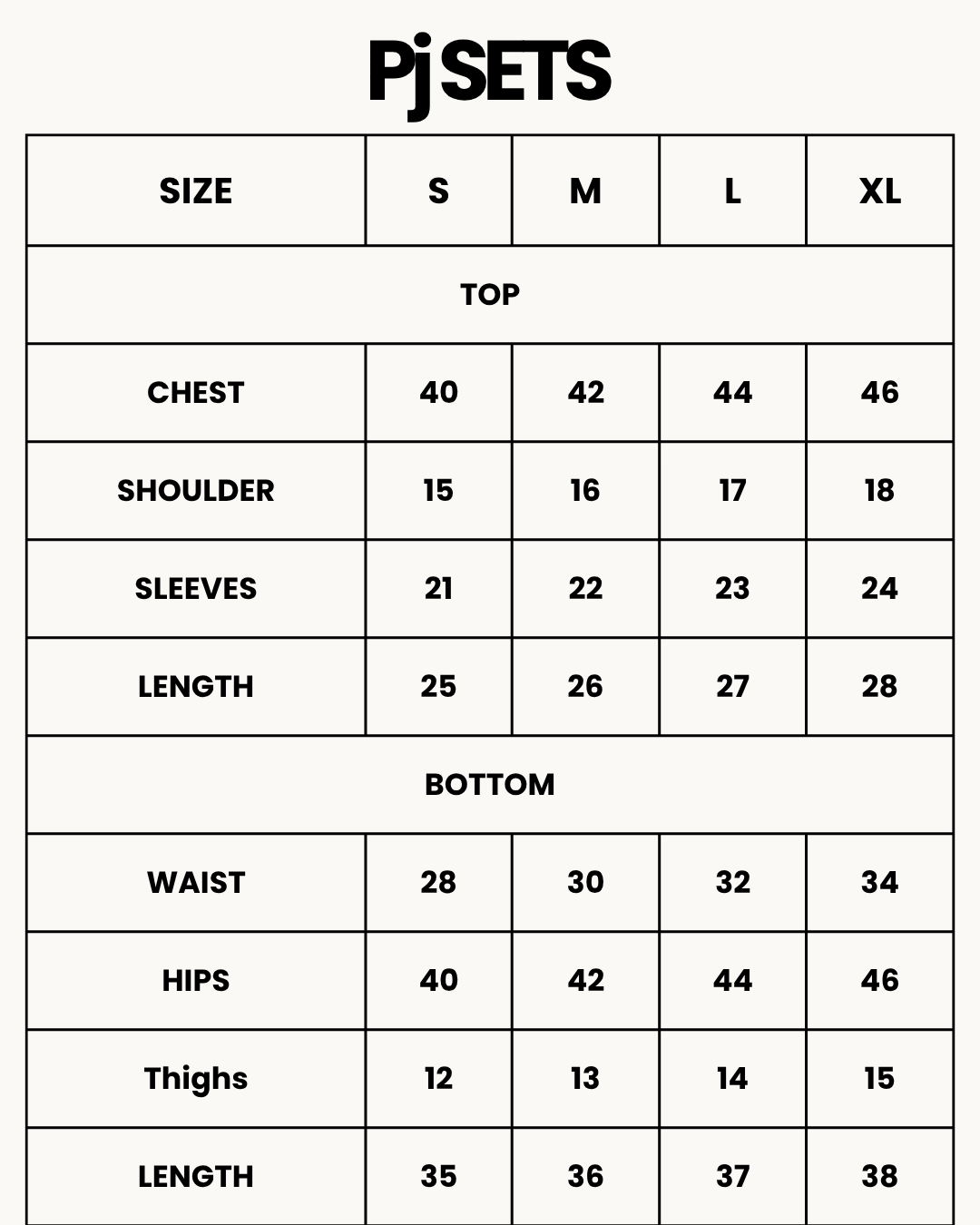 Size Chart for Summer Cotton Loungewear Set - Cozyco