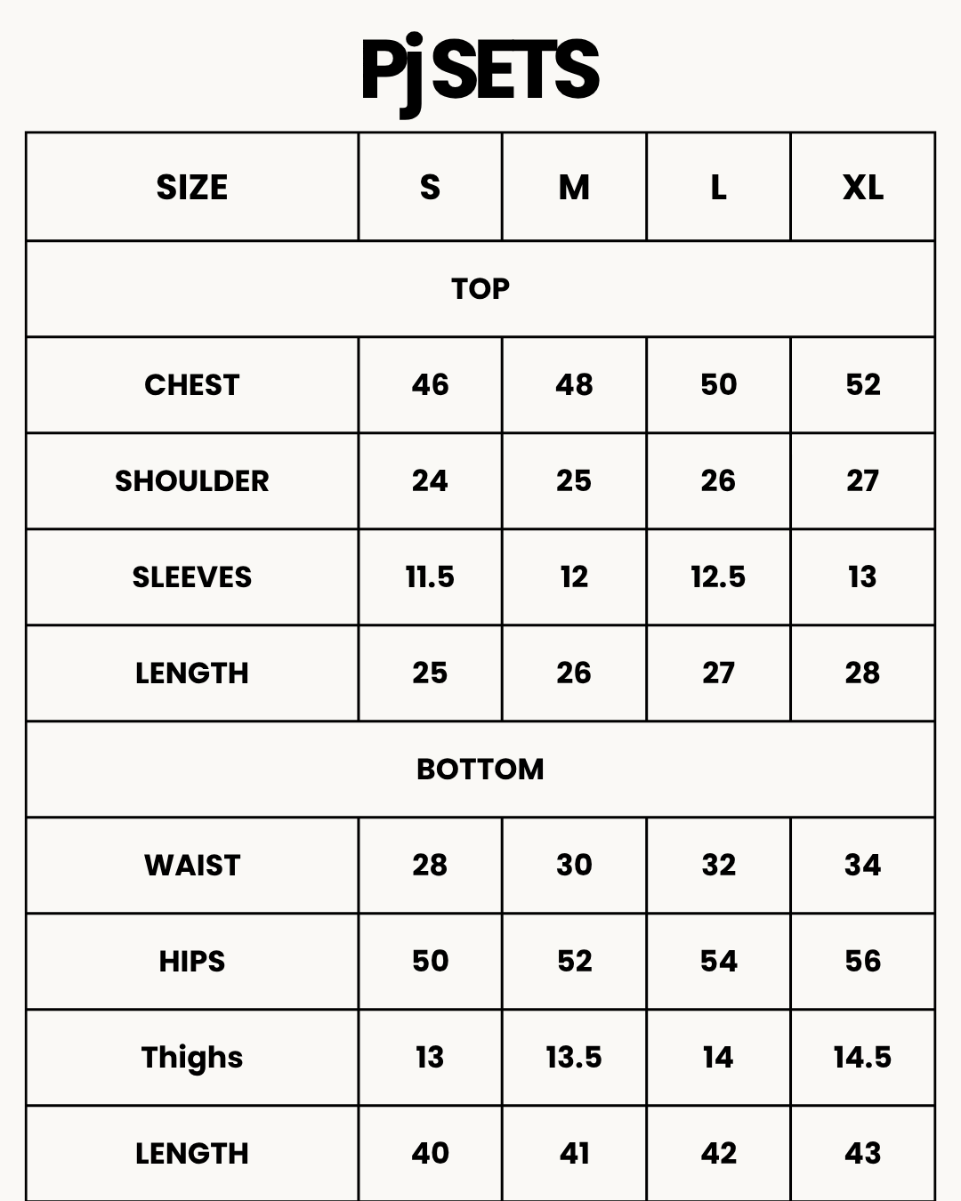 Size Chart for Summer Loungewear Set - Monroe Stripe - Brown
