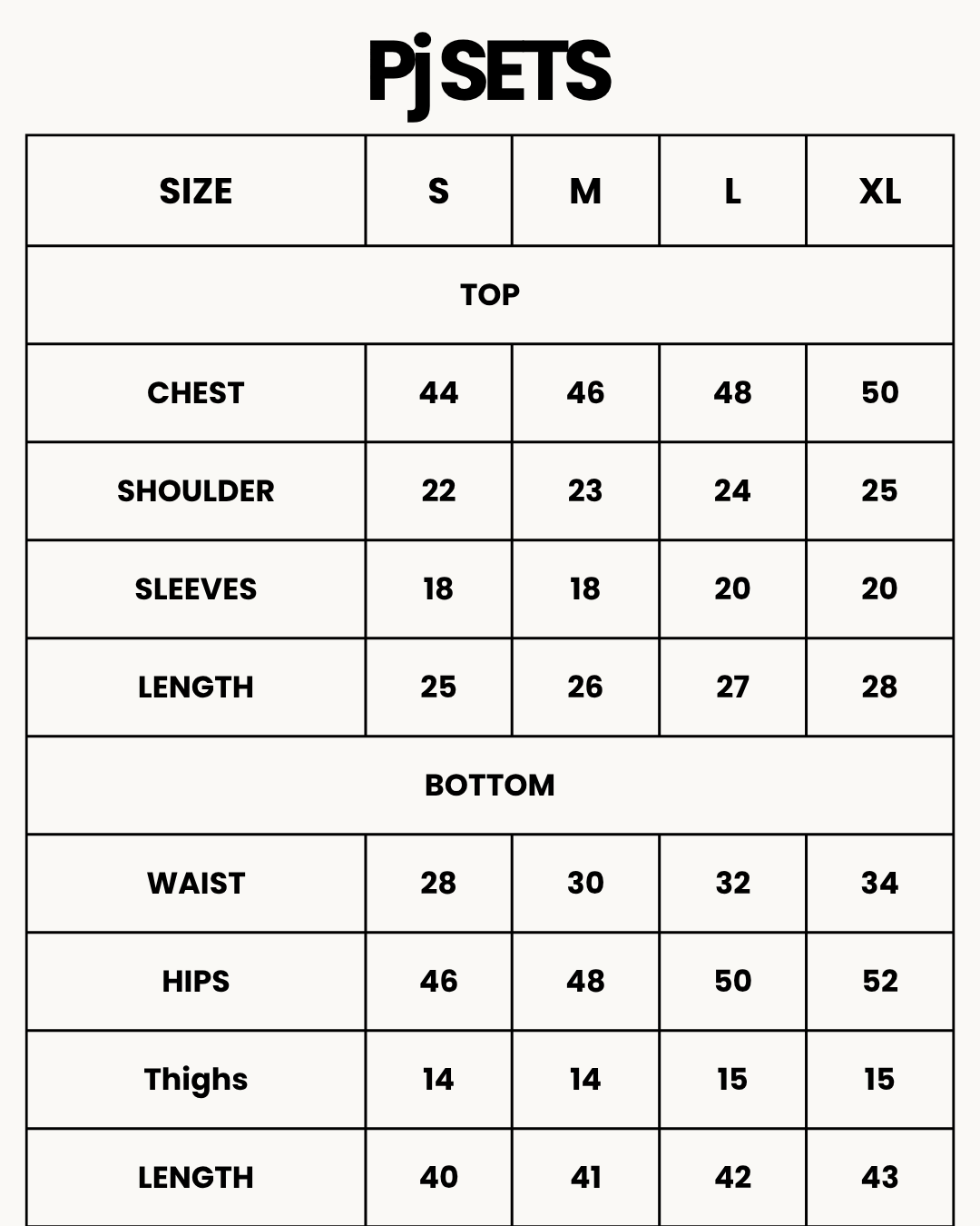 Size Chart for Summer Loungewear Set - Serano Rib - Black