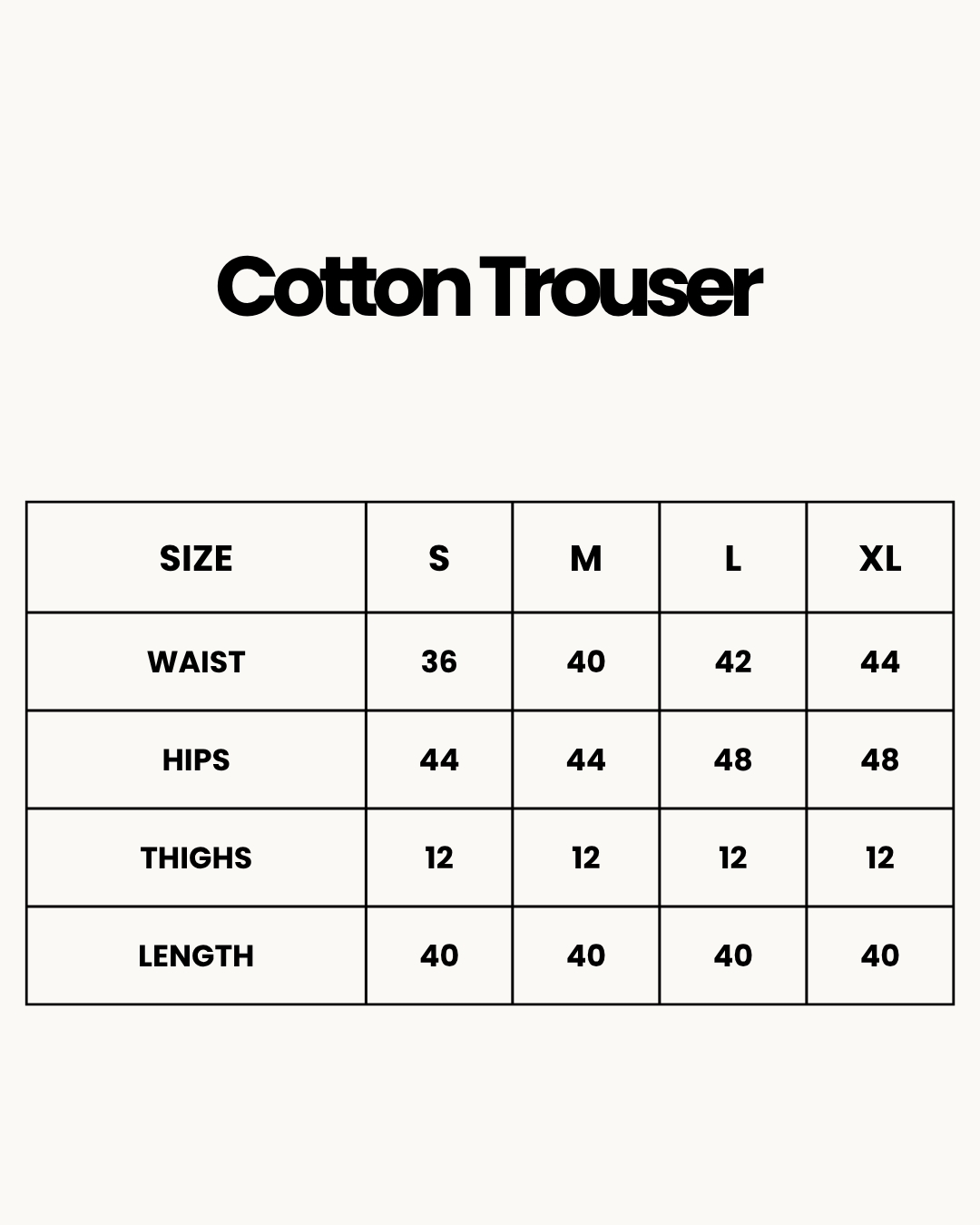 Size Chart for Cotton Trouser - Bloomira
