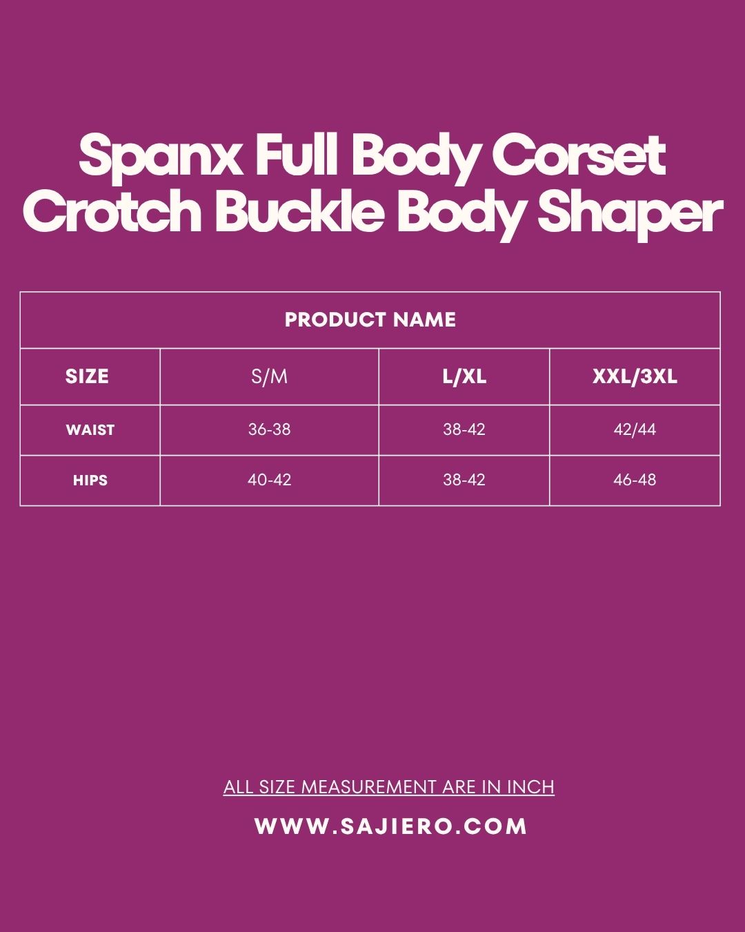 Size Chart for Spanx Full Body Corset Crotch Buckle Body Shaper