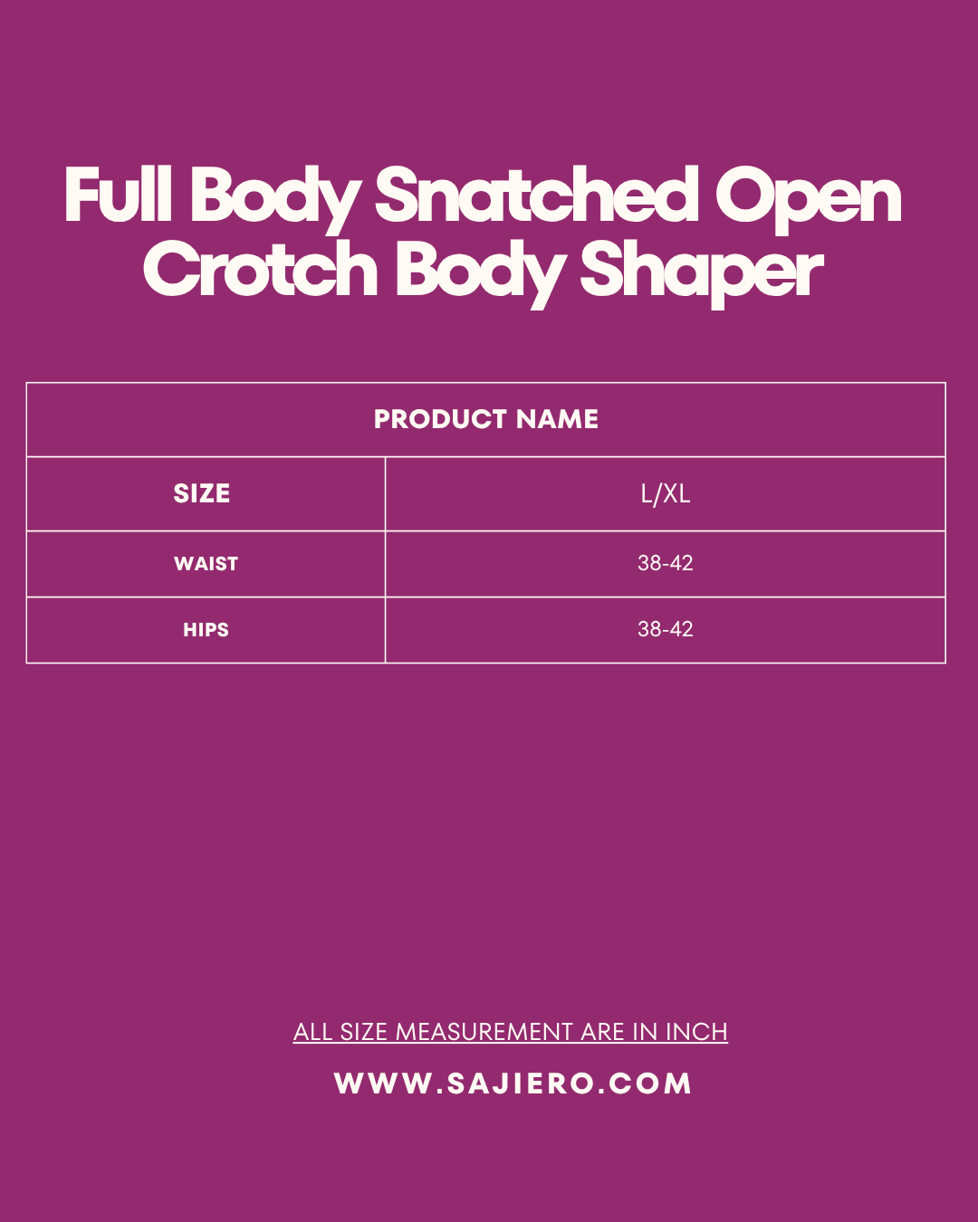 Size Chart for Full Body Snatched Open Crotch Body Shaper