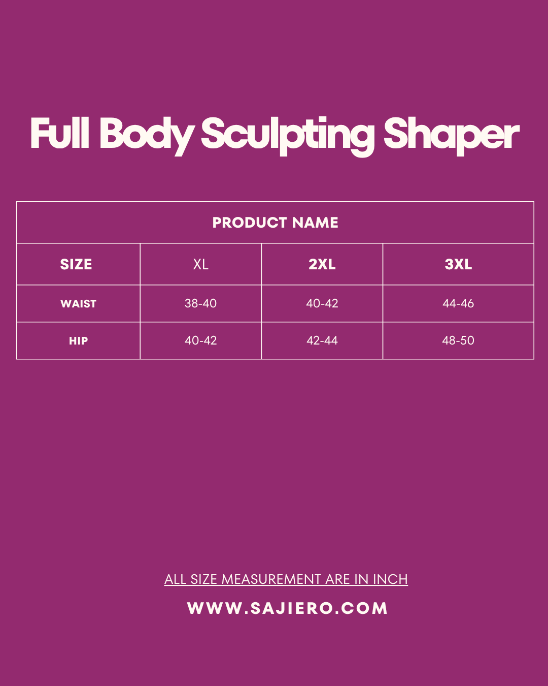 Size Chart for Full Body Sculpting Shaper