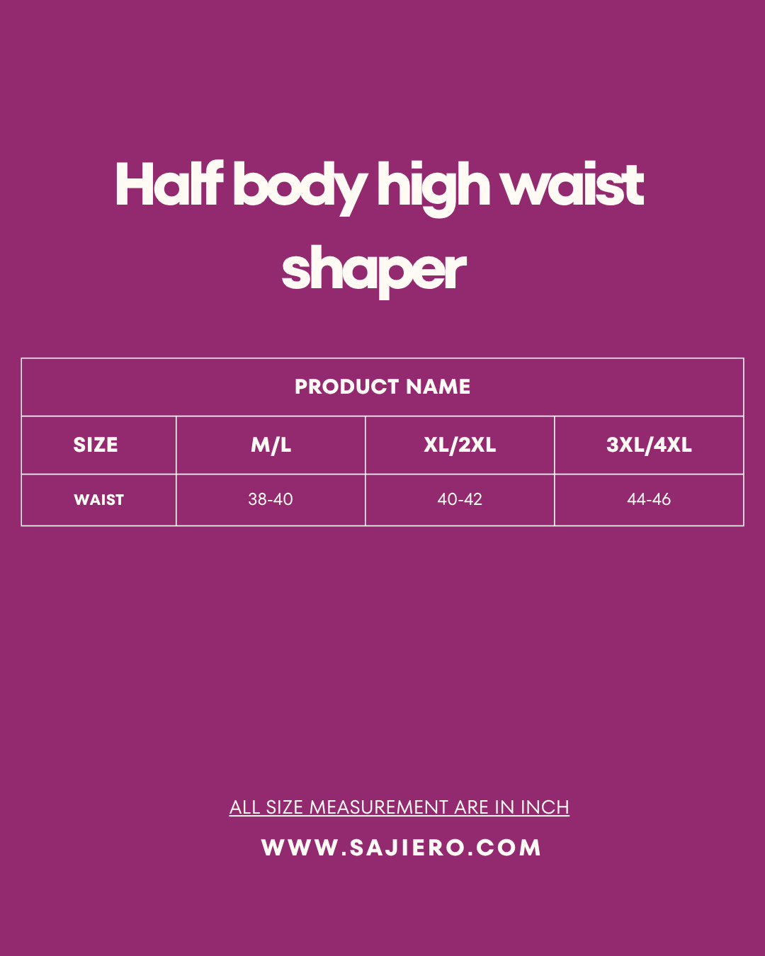Size Chart for Half Body High-Waist Shaper