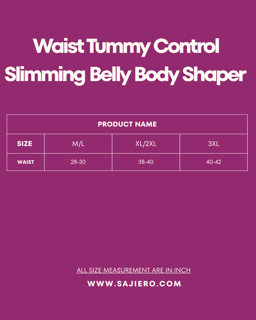 Size Chart for Waist Tummy Control Slimming Belly Body Shaper 883
