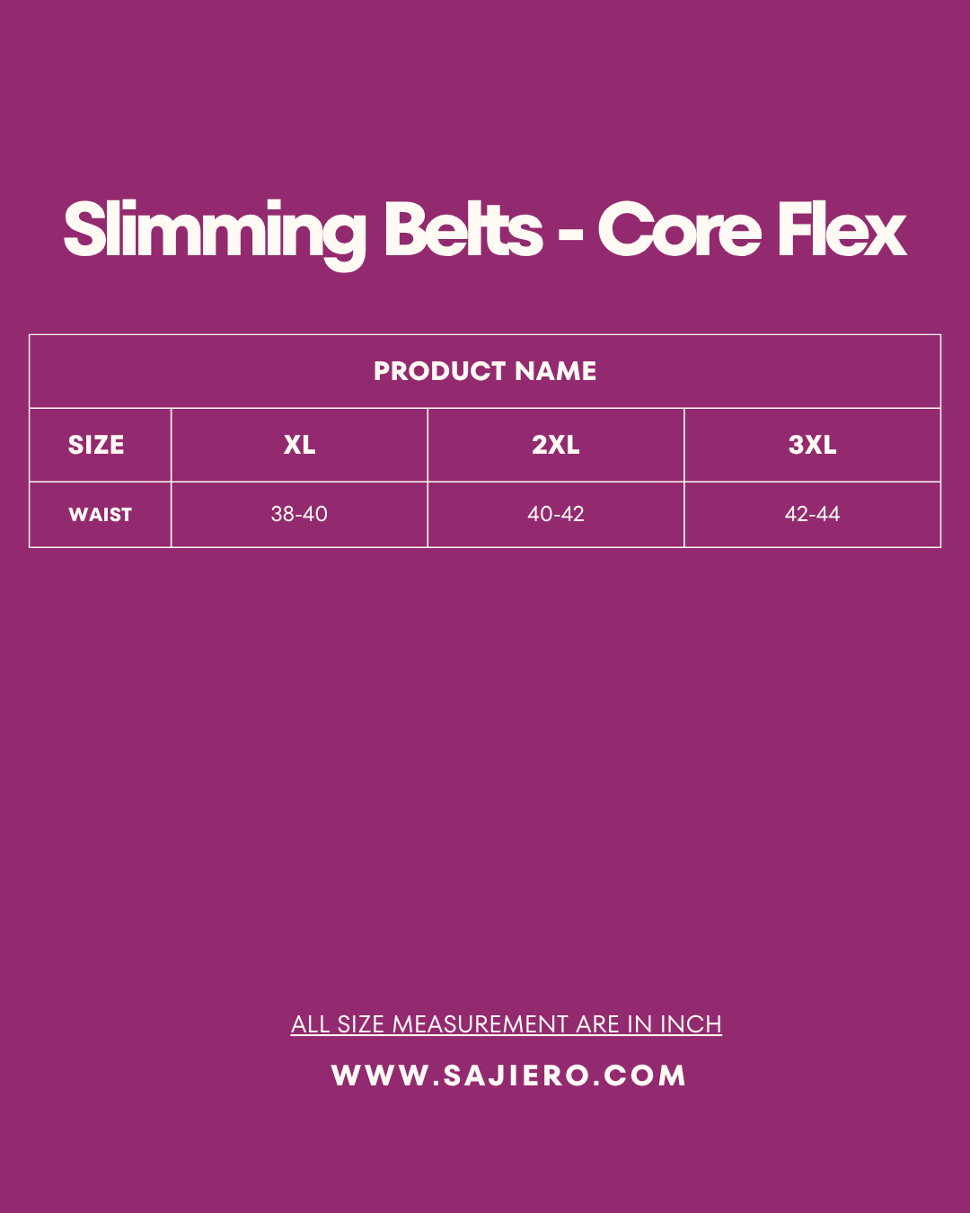 Size Chart for Slimming Belts - Core Flex