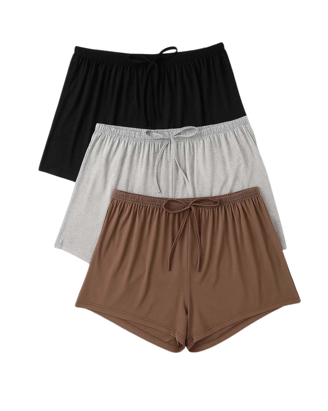 Three pairs of men's pajama shorts in black, gray, and brown on a white background.