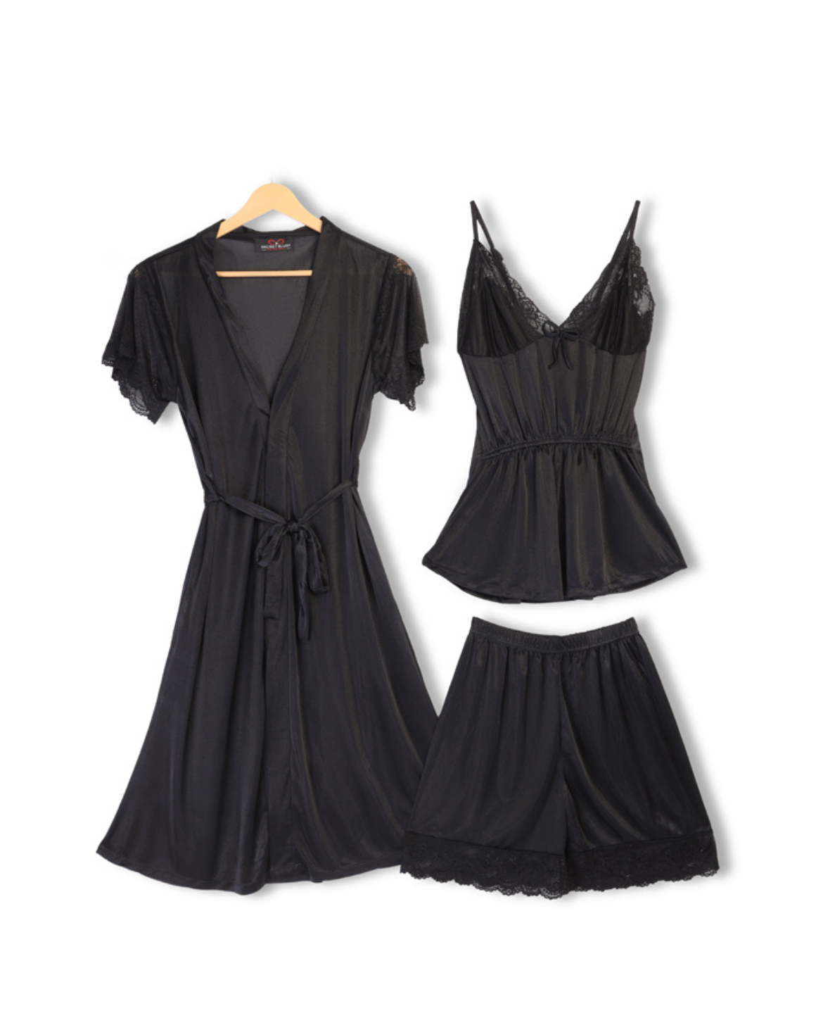 Black lace lingerie set with a robe on a white background