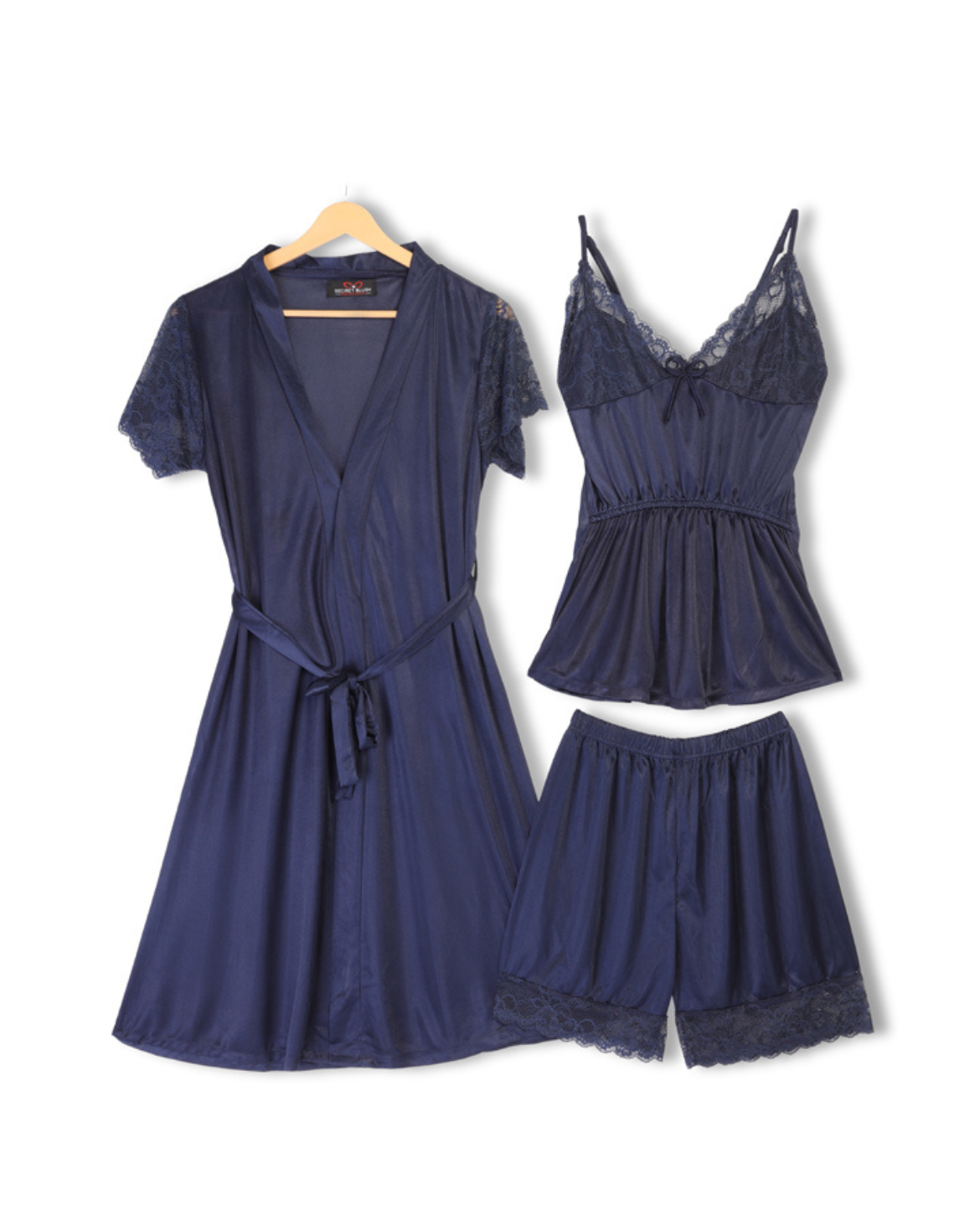 Navy blue lace lingerie set with a robe on a white background