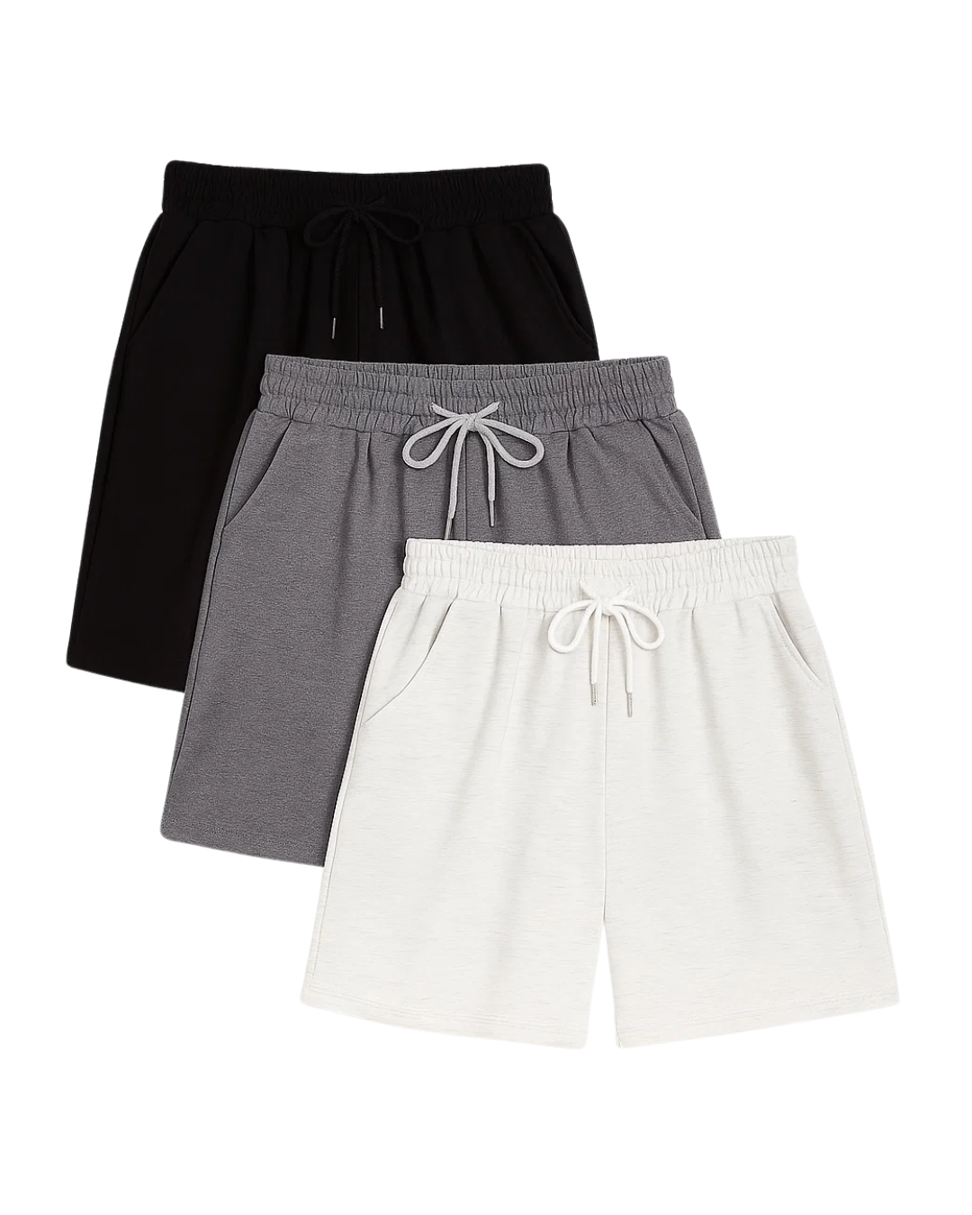 Three pairs of Women Shorts Set Comfy Chill Trio in black, gray, and white on a white background