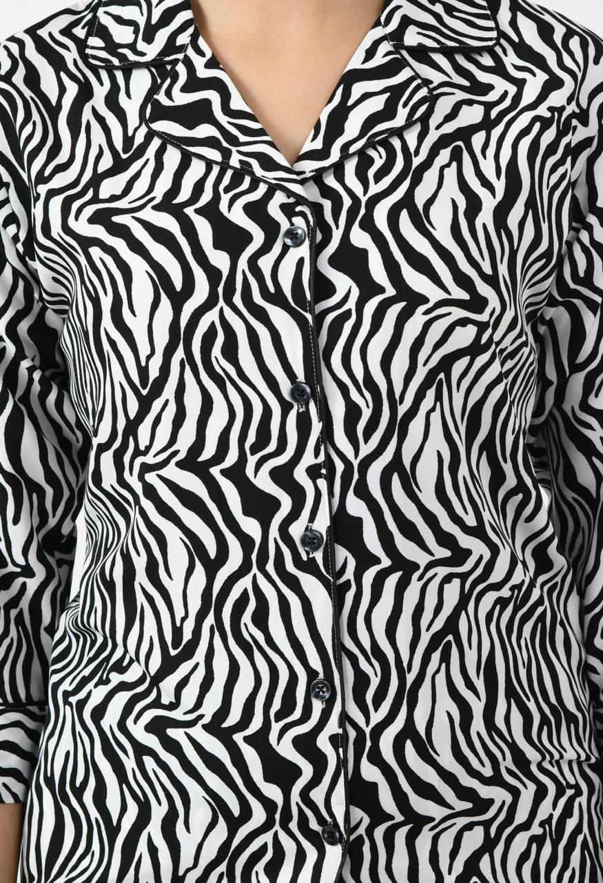 Sajiero Galaxy Printed Pajama Suit Pattern Black zebra printed nightwear