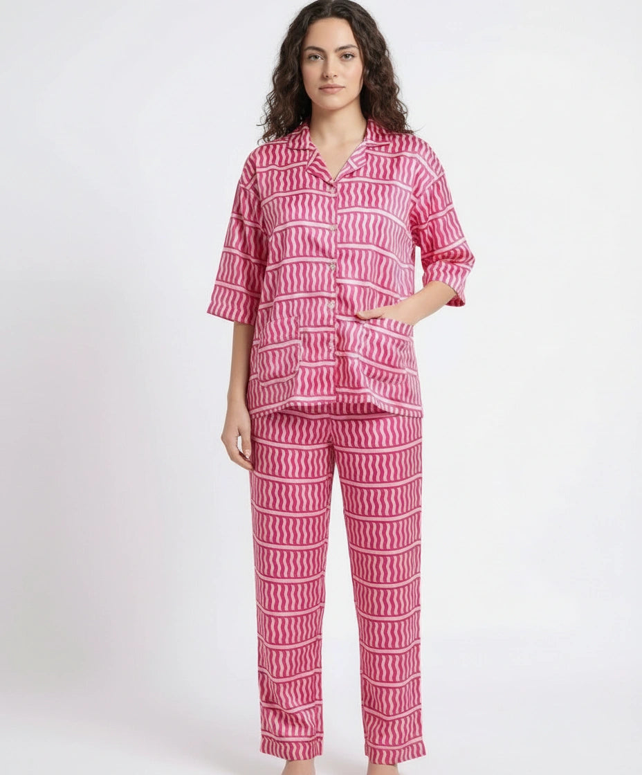 Drop Shoulder Silk Pajama Suit - Pink Wave