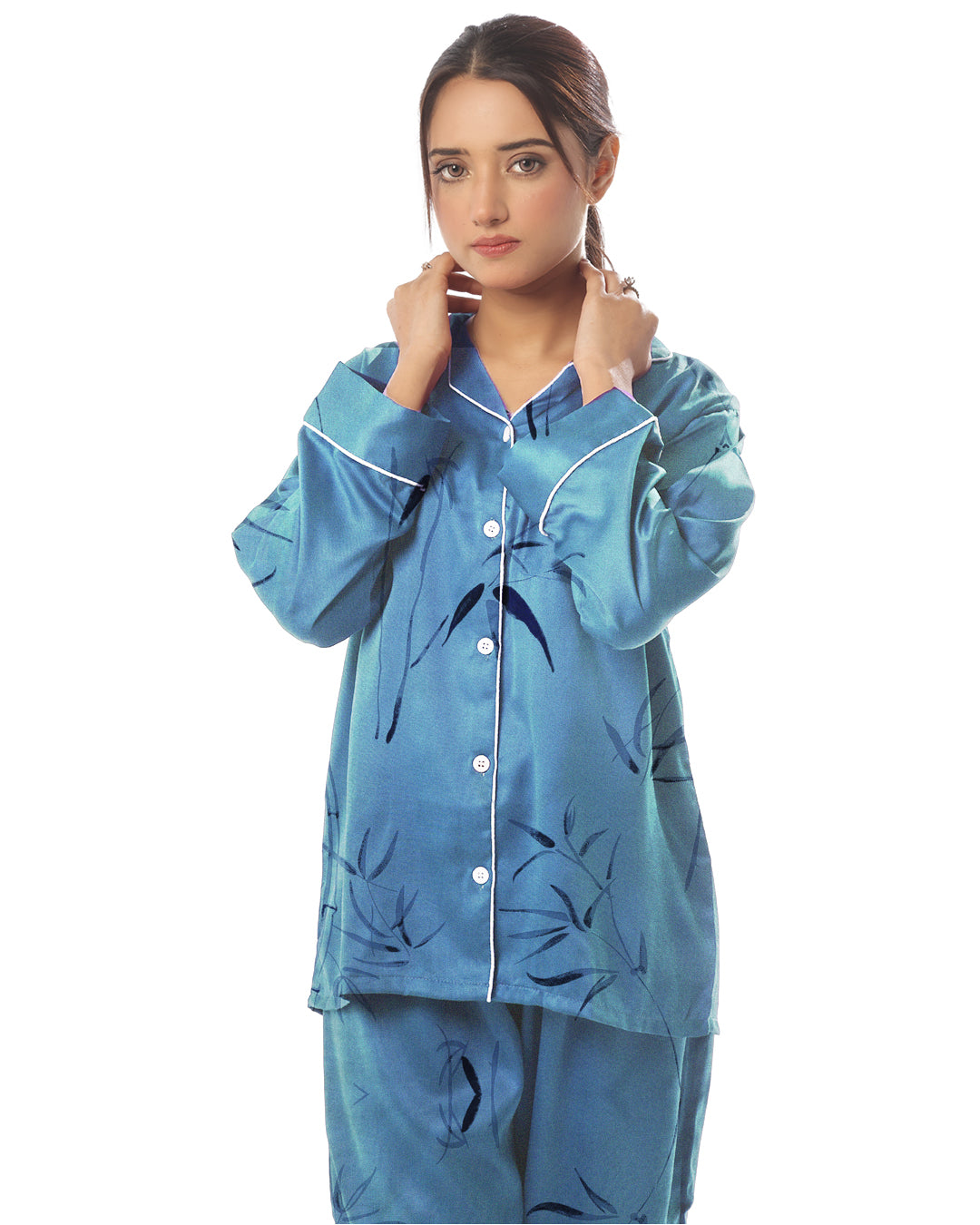 Sajiero Linen Pajama Suit with Scrunchie - Moon Drift