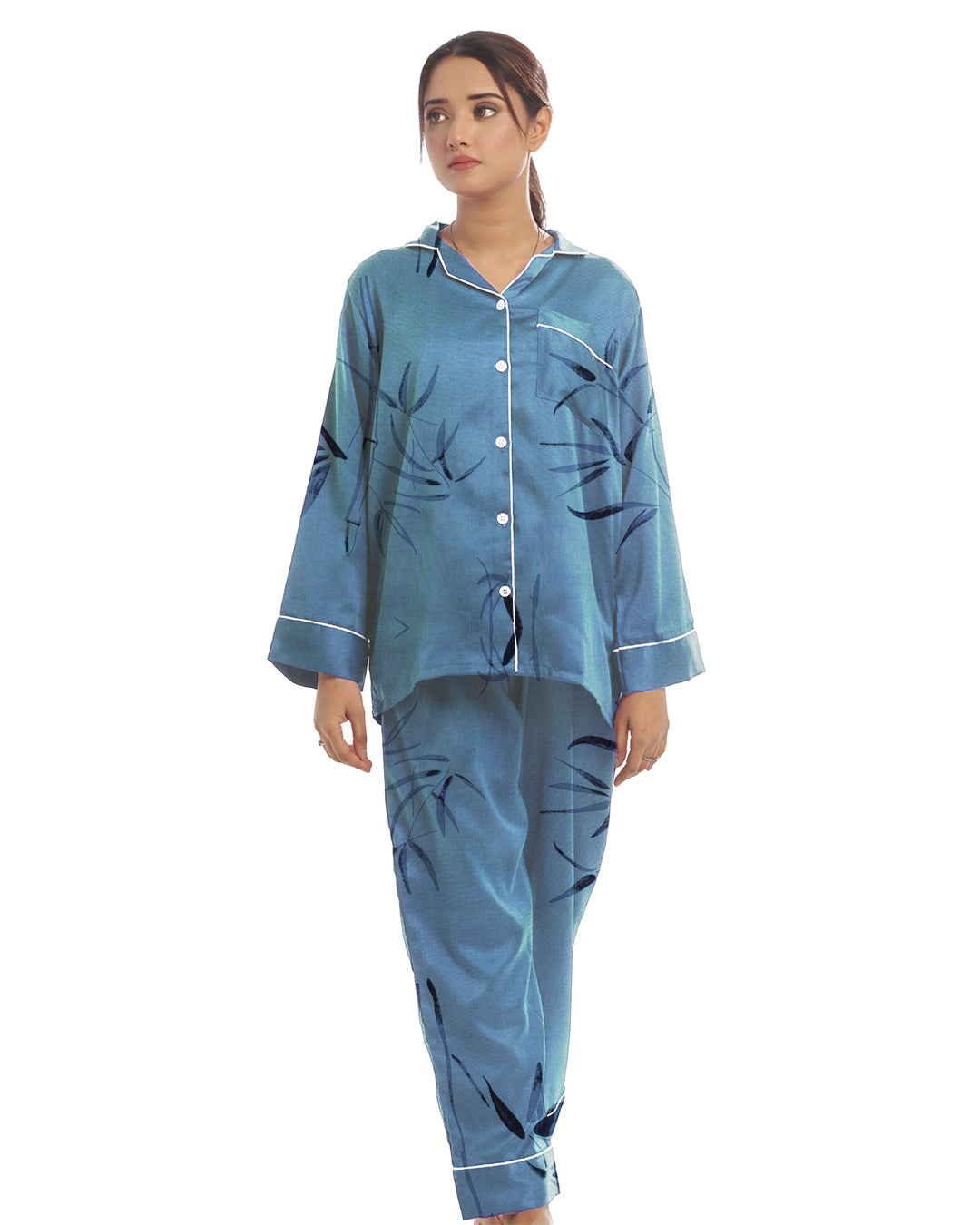 Sajiero Linen Pajama Suit with Scrunchie - Moon Drift