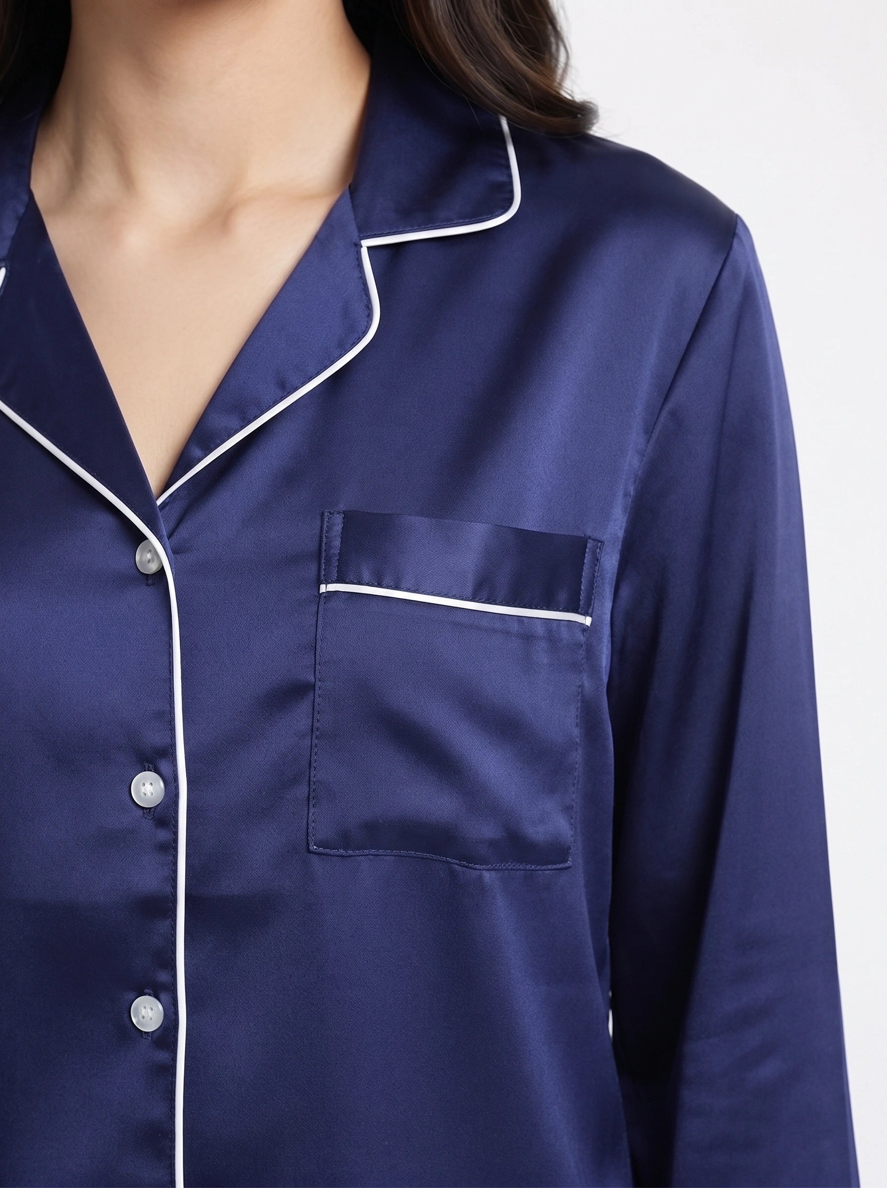 Satin Silk Pajama Suit - Noir - Navy Blue