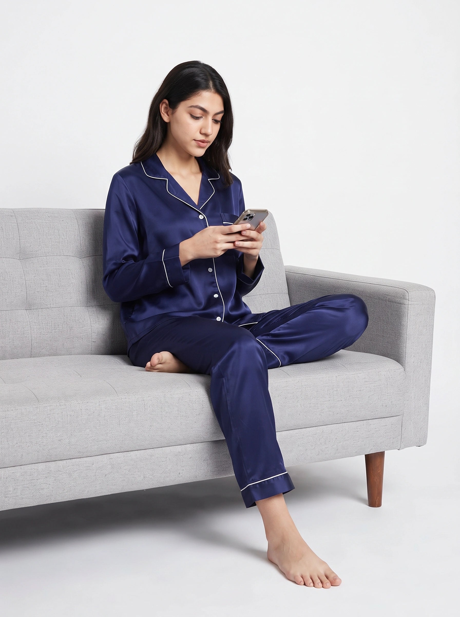 Satin Silk Pajama Suit - Noir - Navy Blue