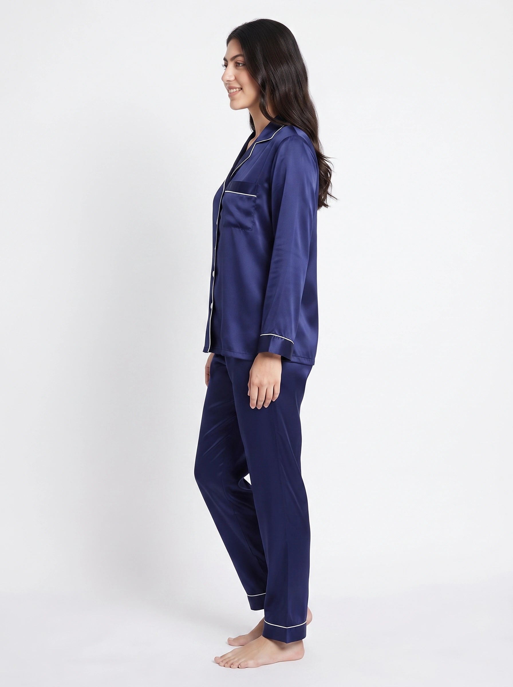 Satin Silk Pajama Suit - Noir - Navy Blue