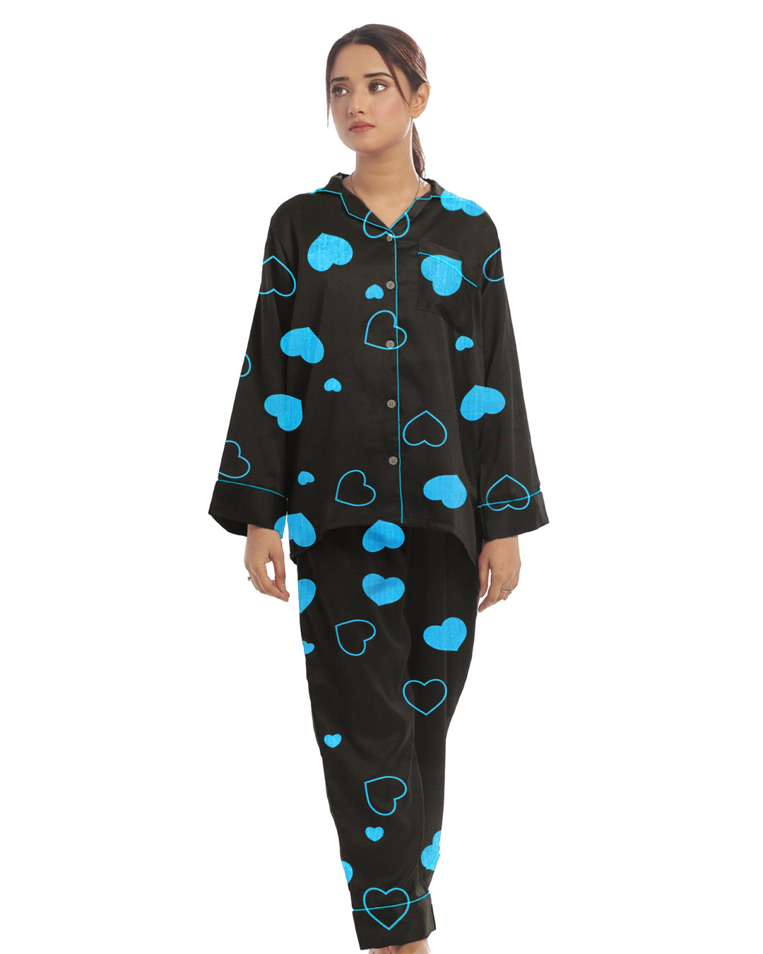 Linen Pajama Suit with Scrunchie - Royal Dusk