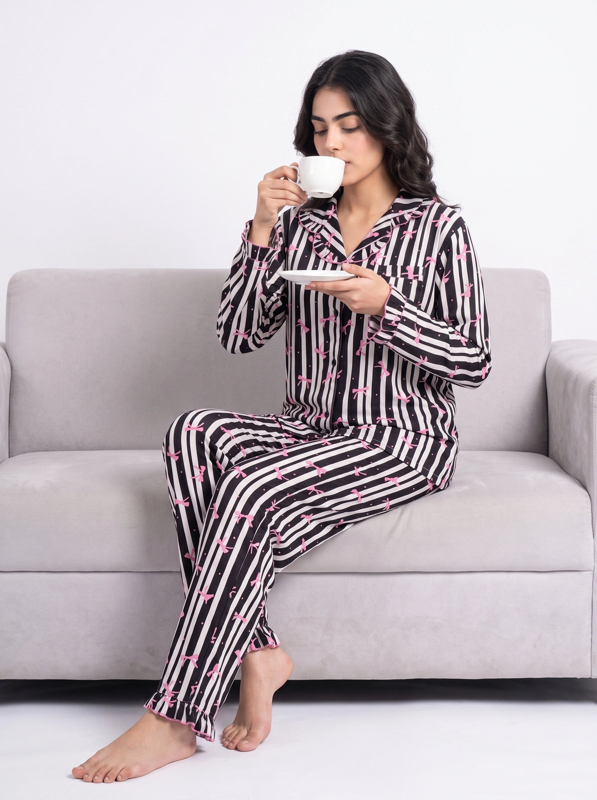 Linen PJ Set - Frill Bow - Black