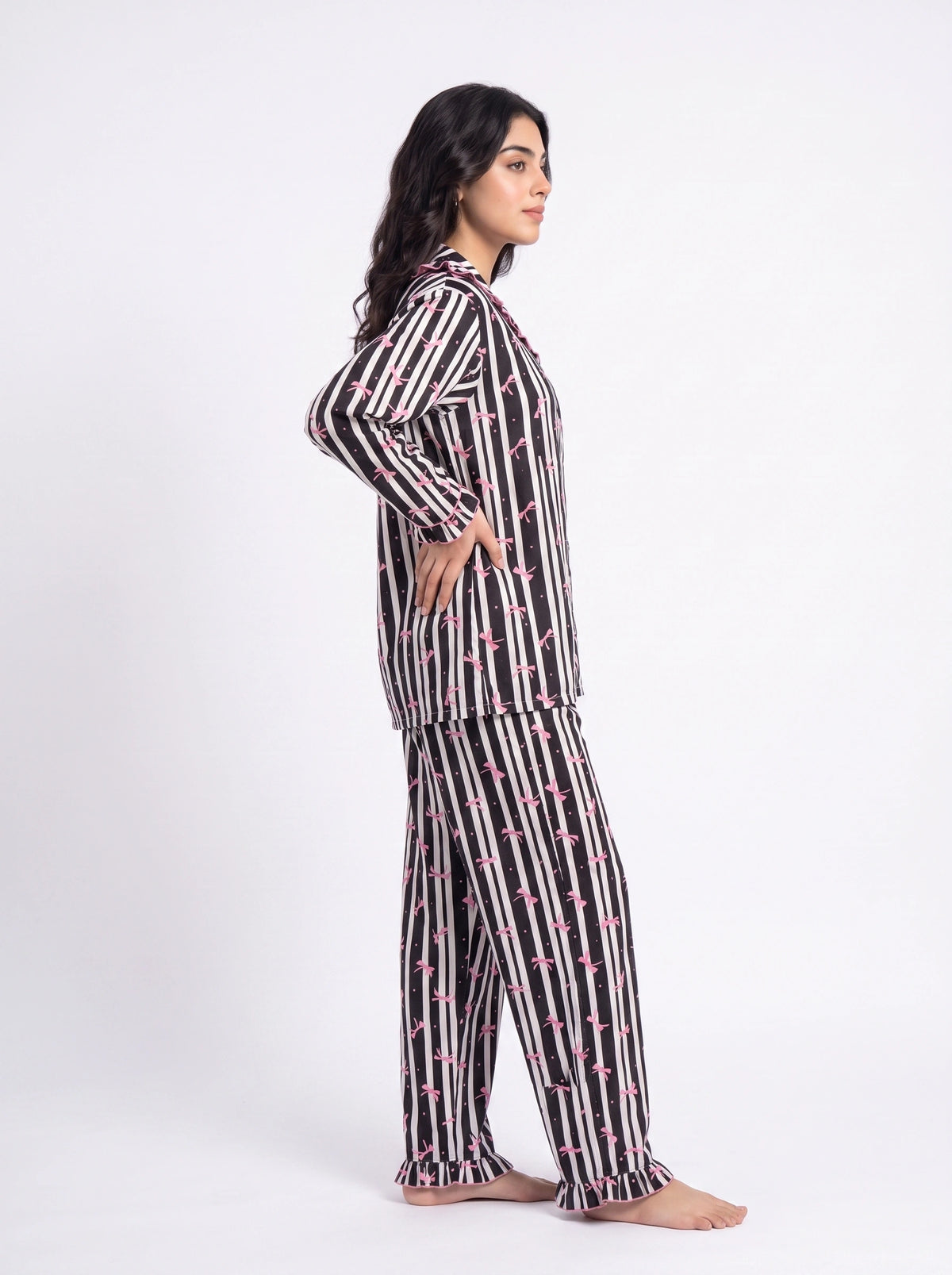 Linen PJ Set - Frill Bow - Black