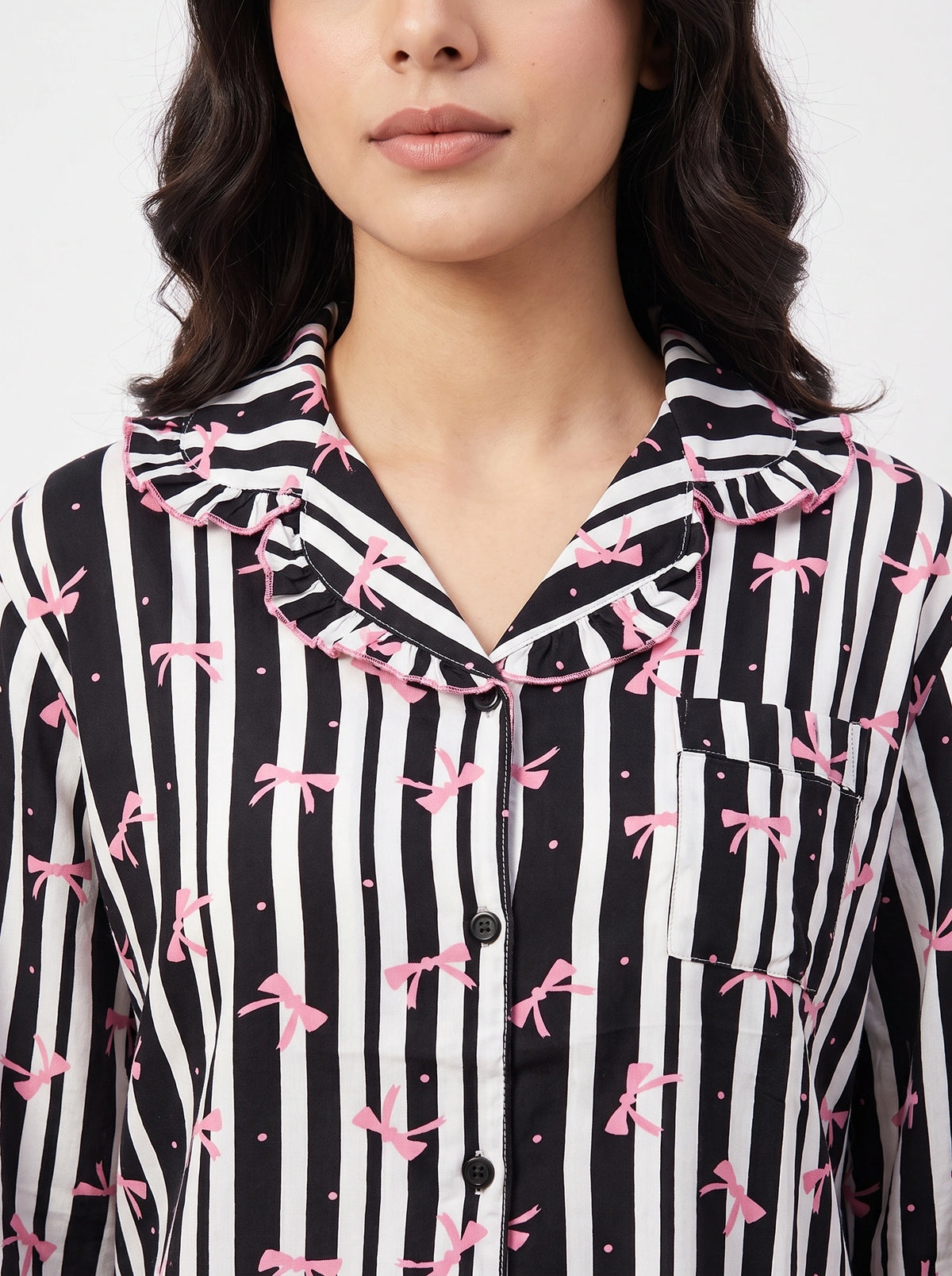 Linen PJ Set - Frill Bow - Black
