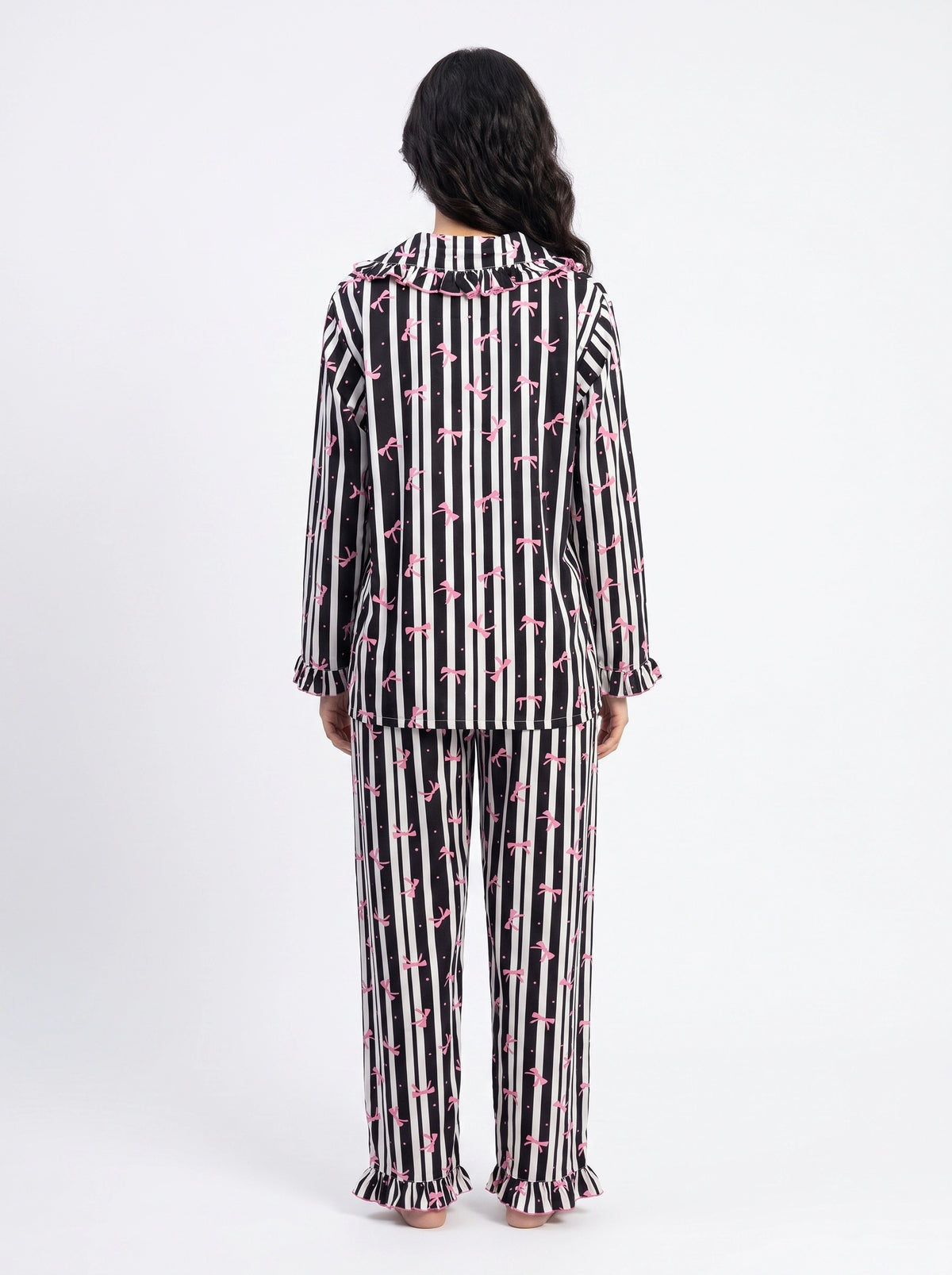 Linen PJ Set - Frill Bow - Black