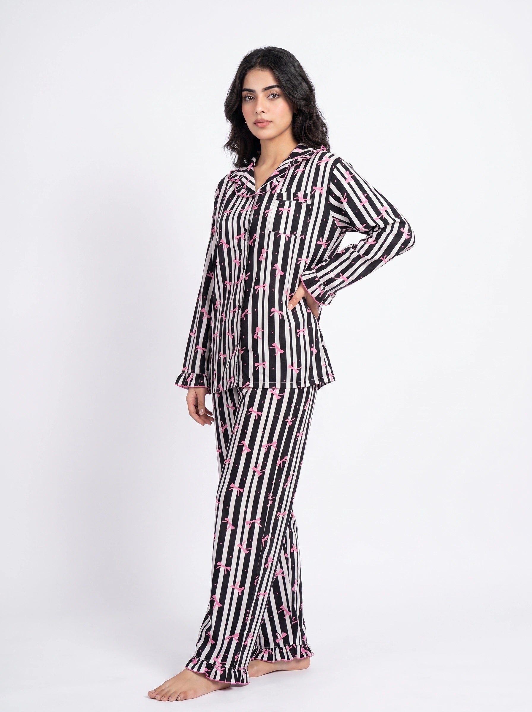 Linen PJ Set - Frill Bow - Black