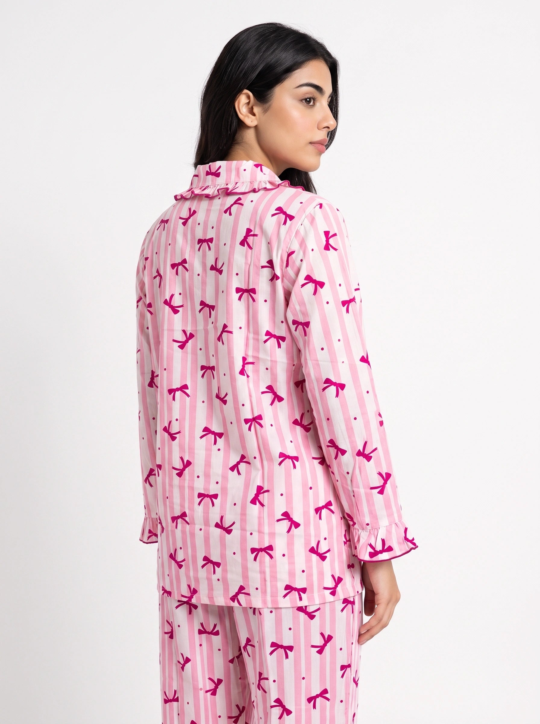 Linen PJ Set - Frill Bow - Pink