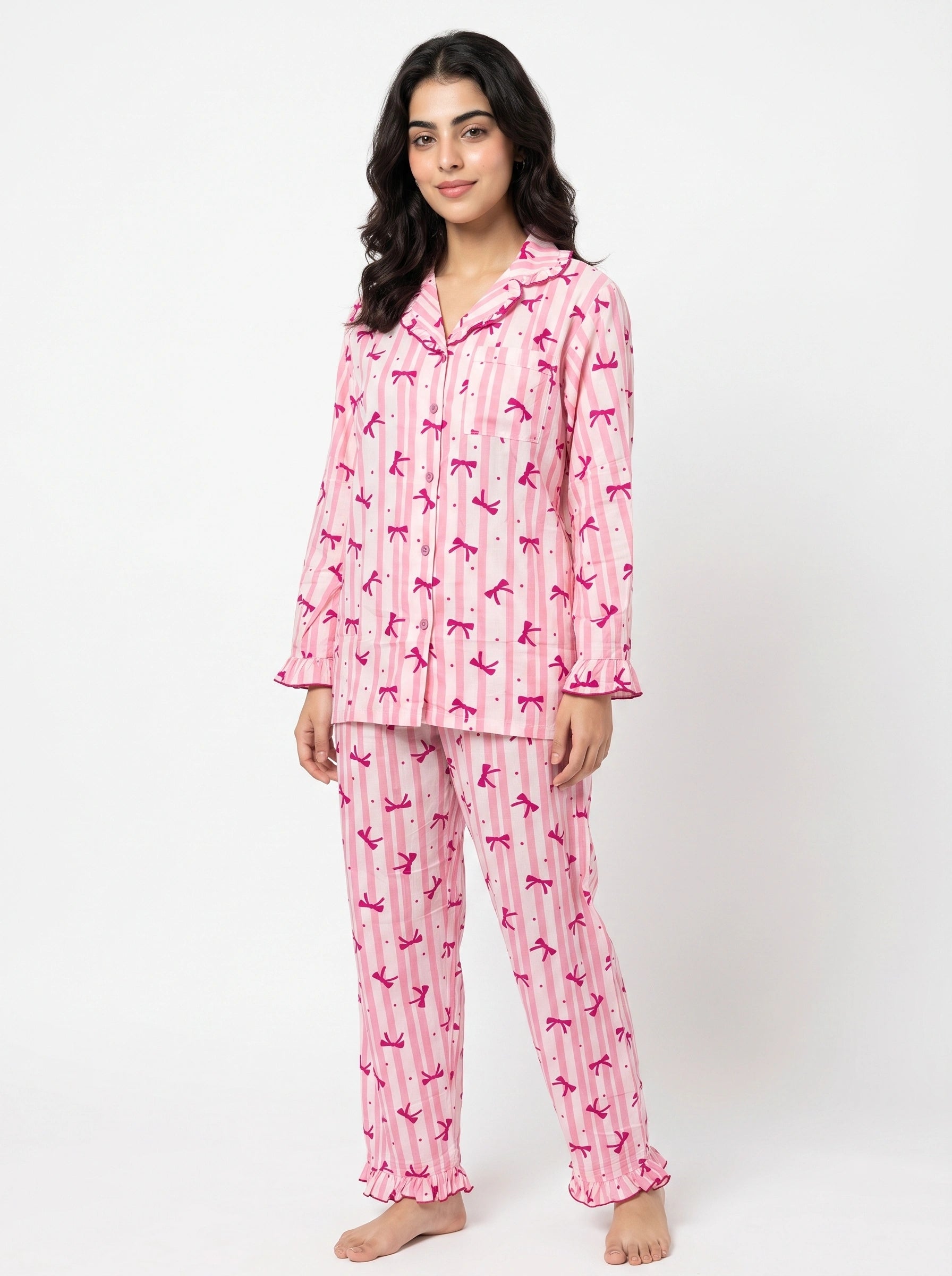 Linen PJ Set - Frill Bow - Pink
