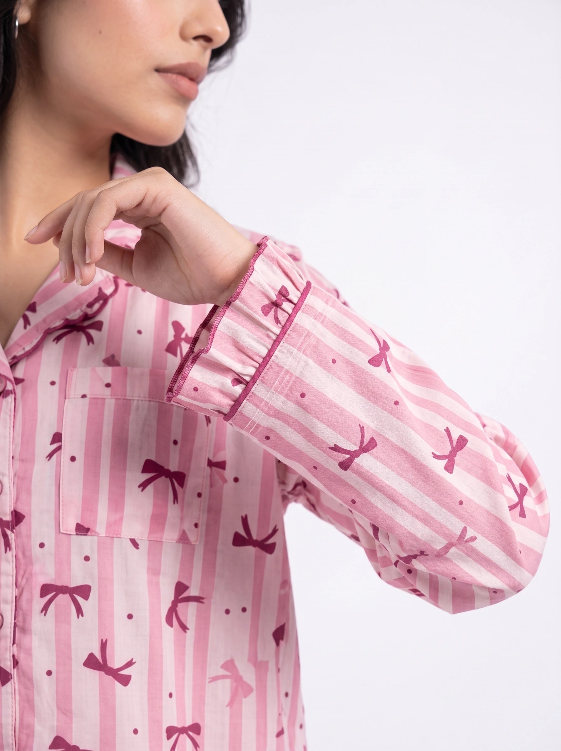 Linen PJ Set - Frill Bow - Pink