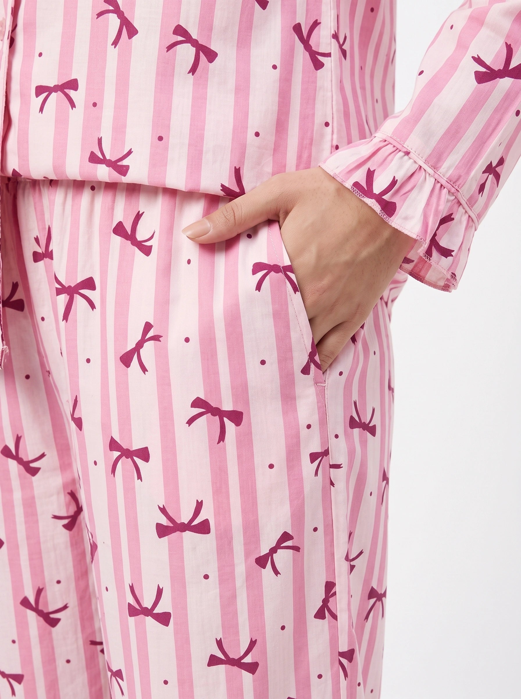 Linen PJ Set - Frill Bow - Pink