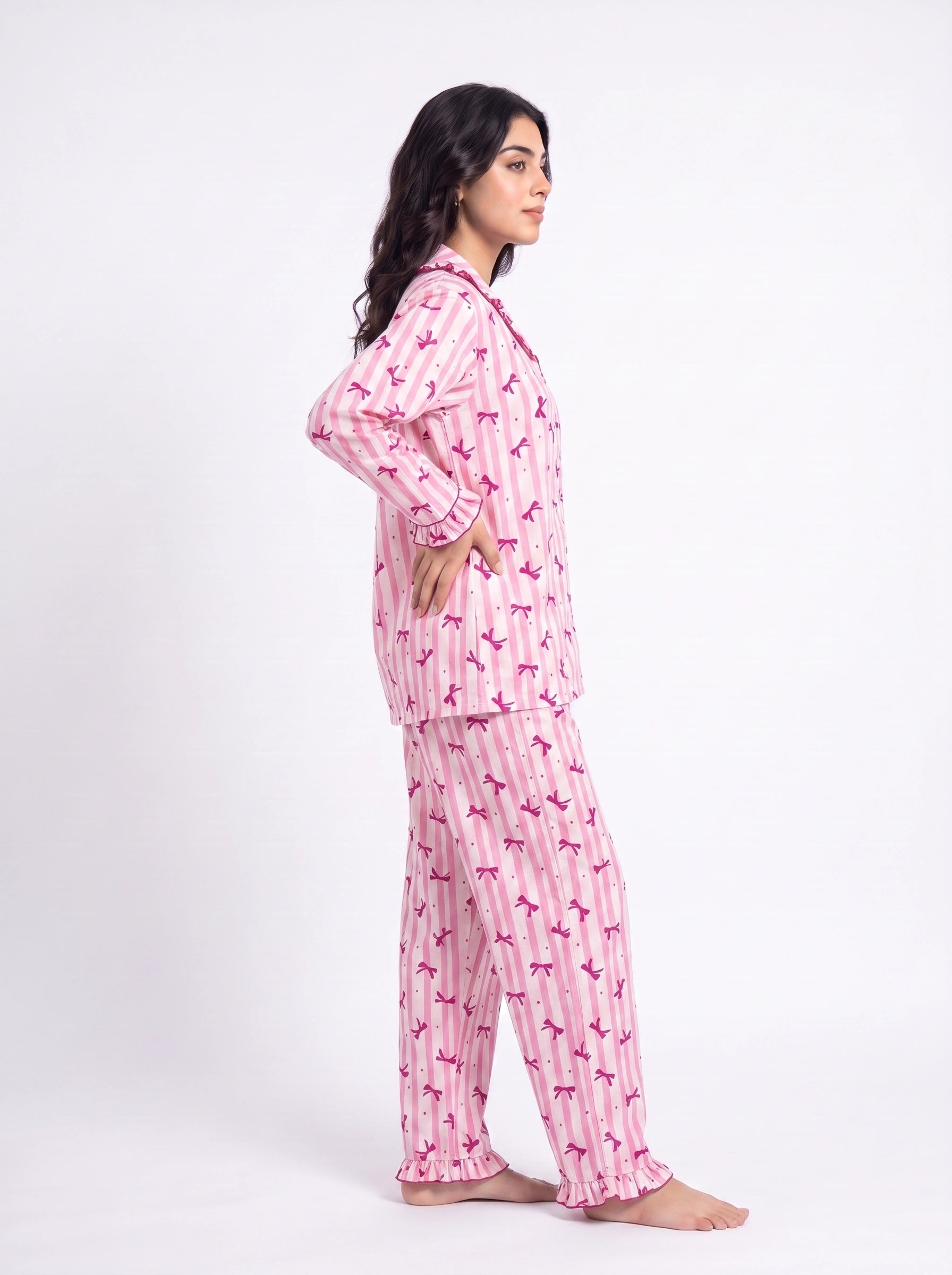 Linen PJ Set - Frill Bow - Pink