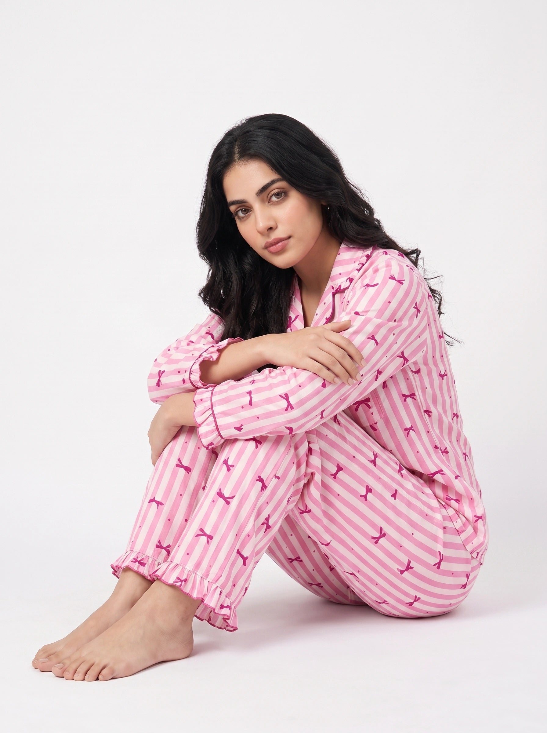 Linen PJ Set - Frill Bow - Pink