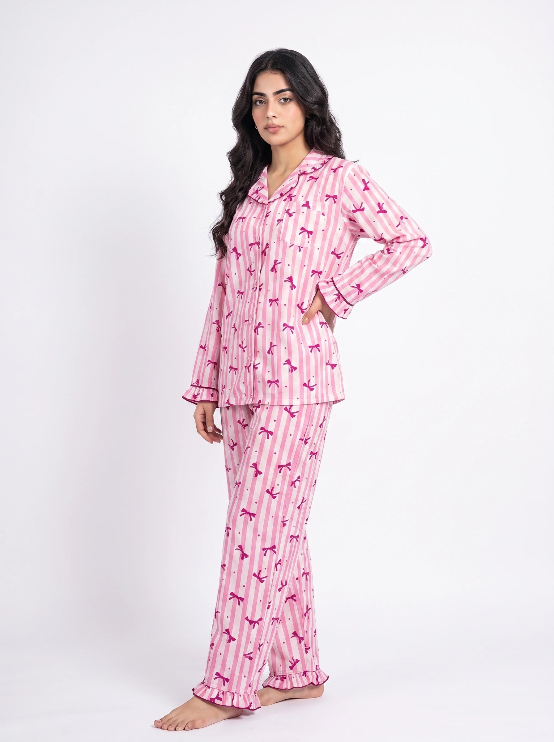 Linen PJ Set - Frill Bow - Pink