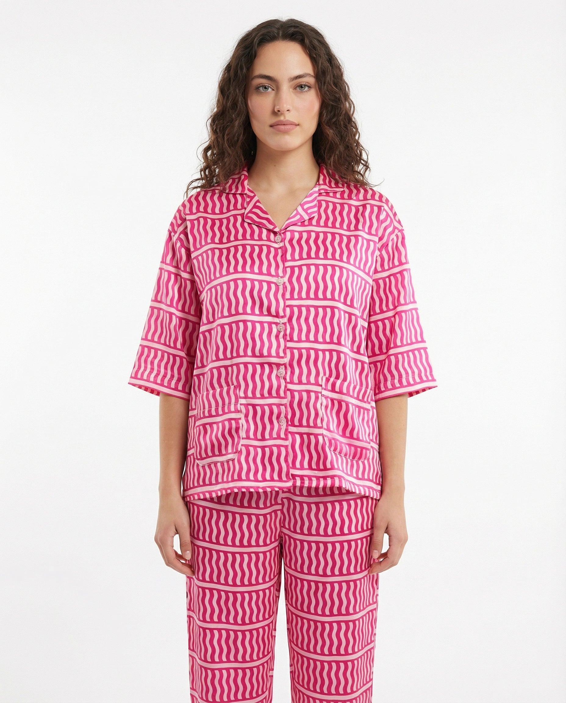 Drop Shoulder Silk Pajama Suit - Pink Wave