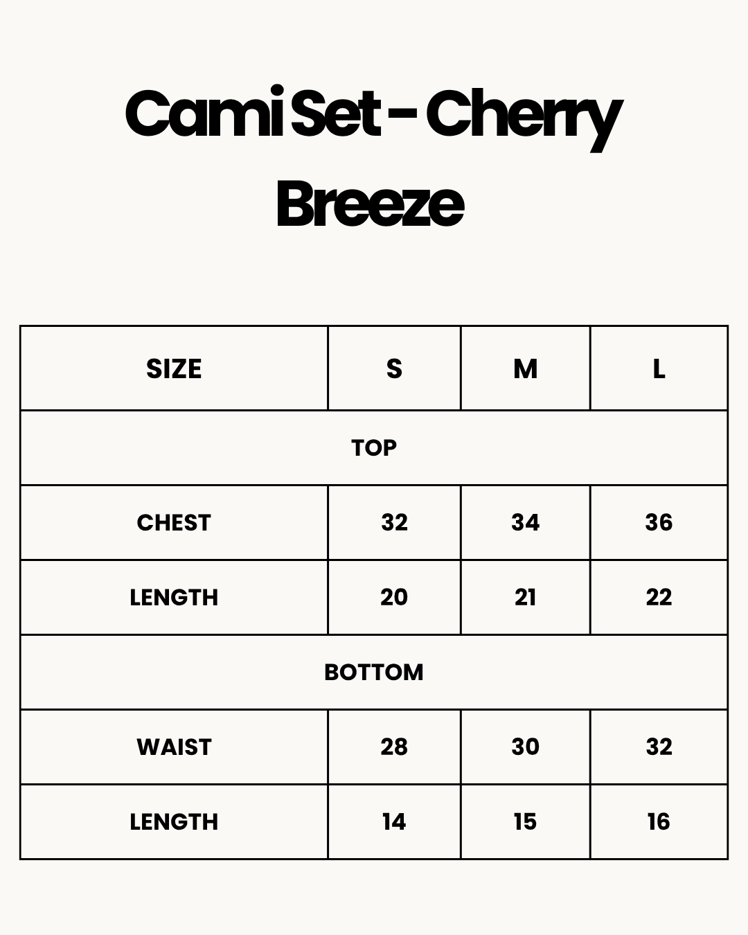 Size Chart for Cami Set - Cherry Breeze - Pink
