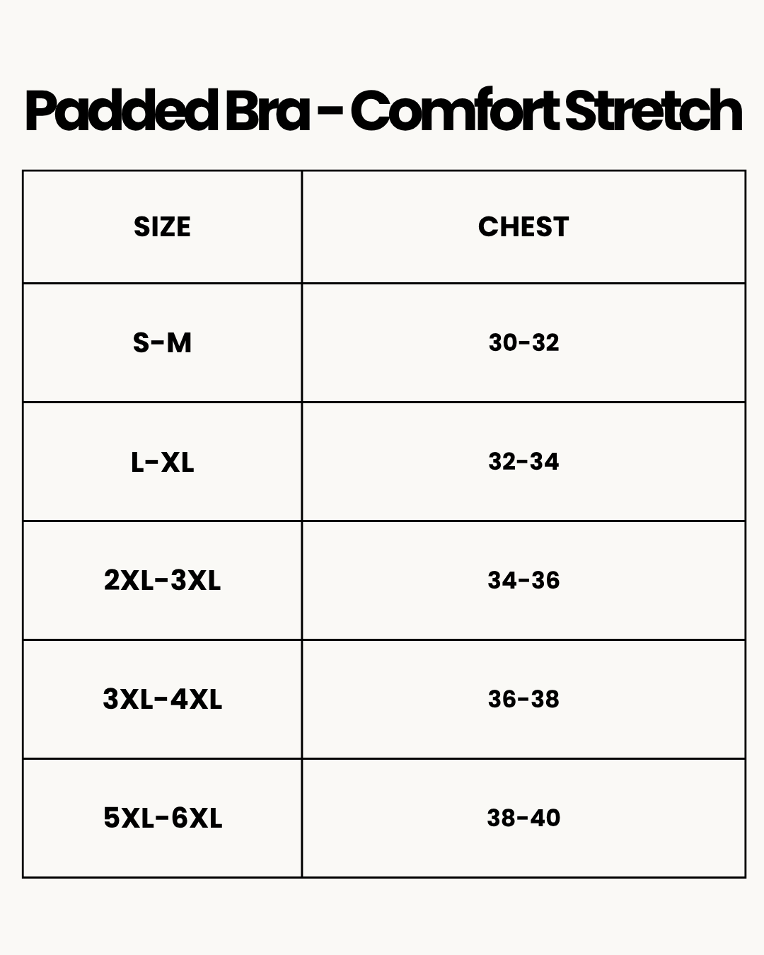 Size Chart for Padded Bra - Comfort Stretch