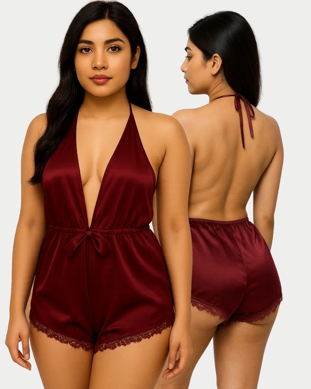 Sajiero Deep V-Neck Sexy Silk Bodysuit