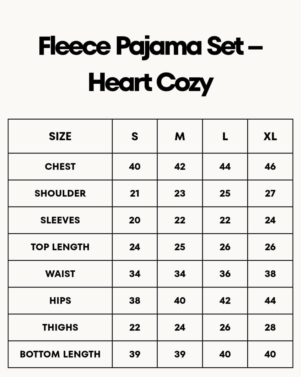 Size Chart for Fleece Pajama Set – Heart Cozy - Beige