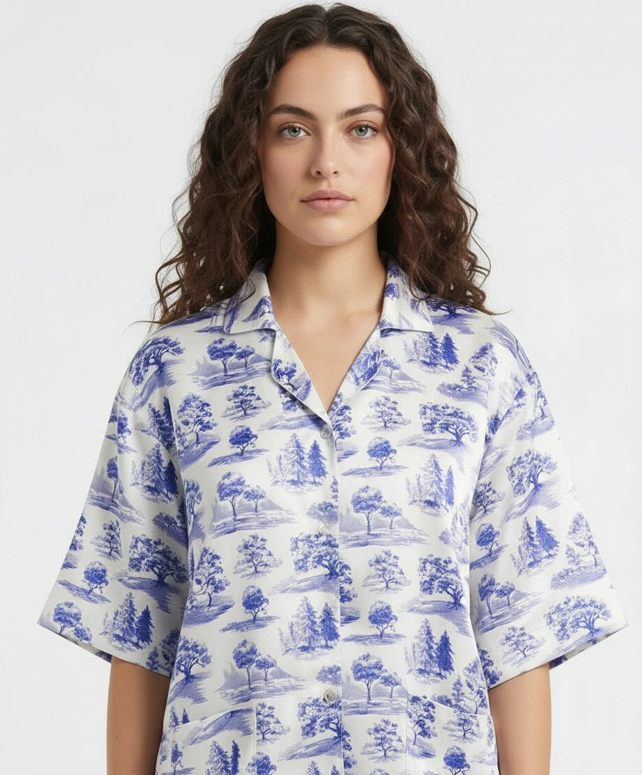 Drop Shoulder Silk Pajama Suit - Blue Meadow