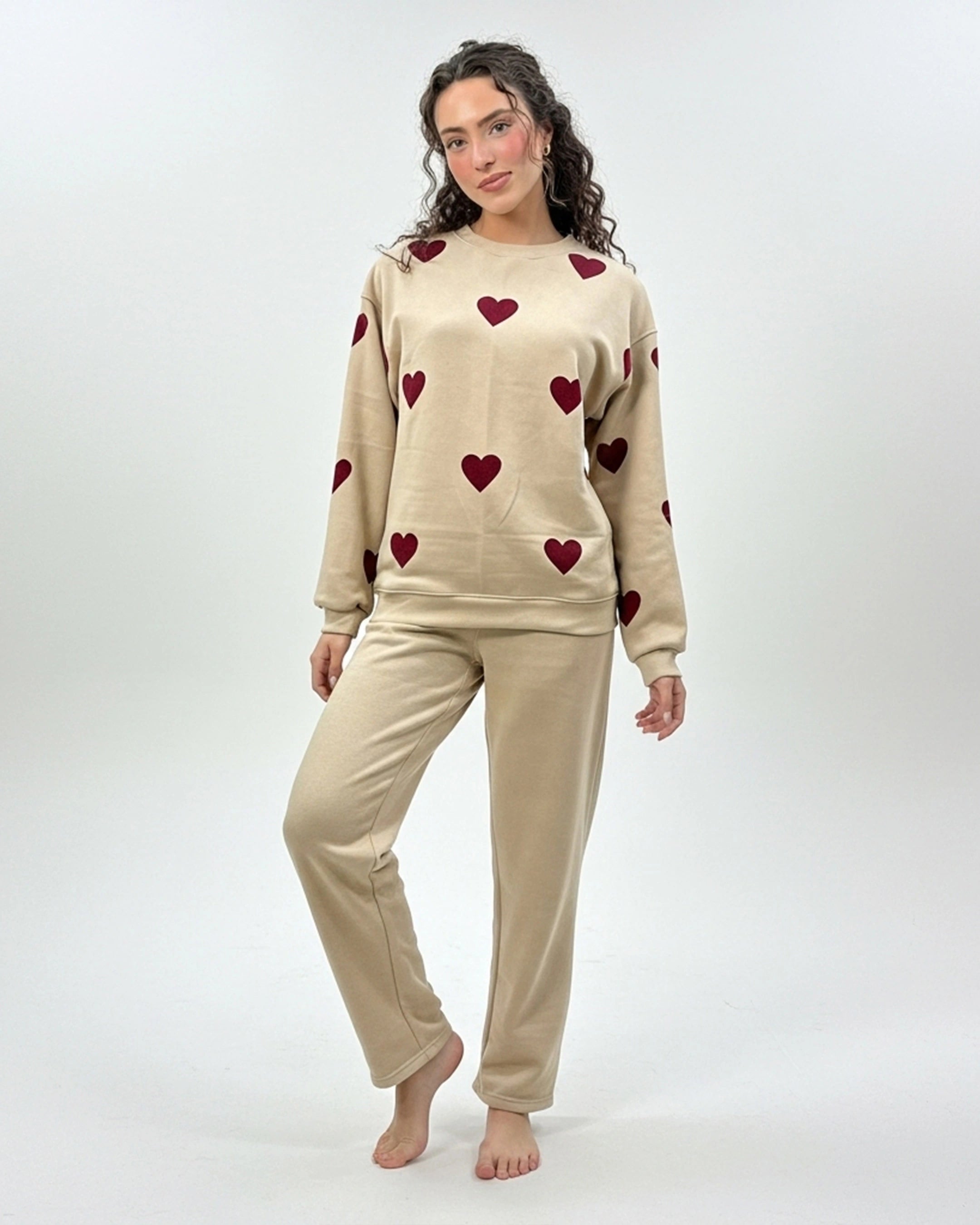 Fleece Pajama Set – Heart Cozy - Beige