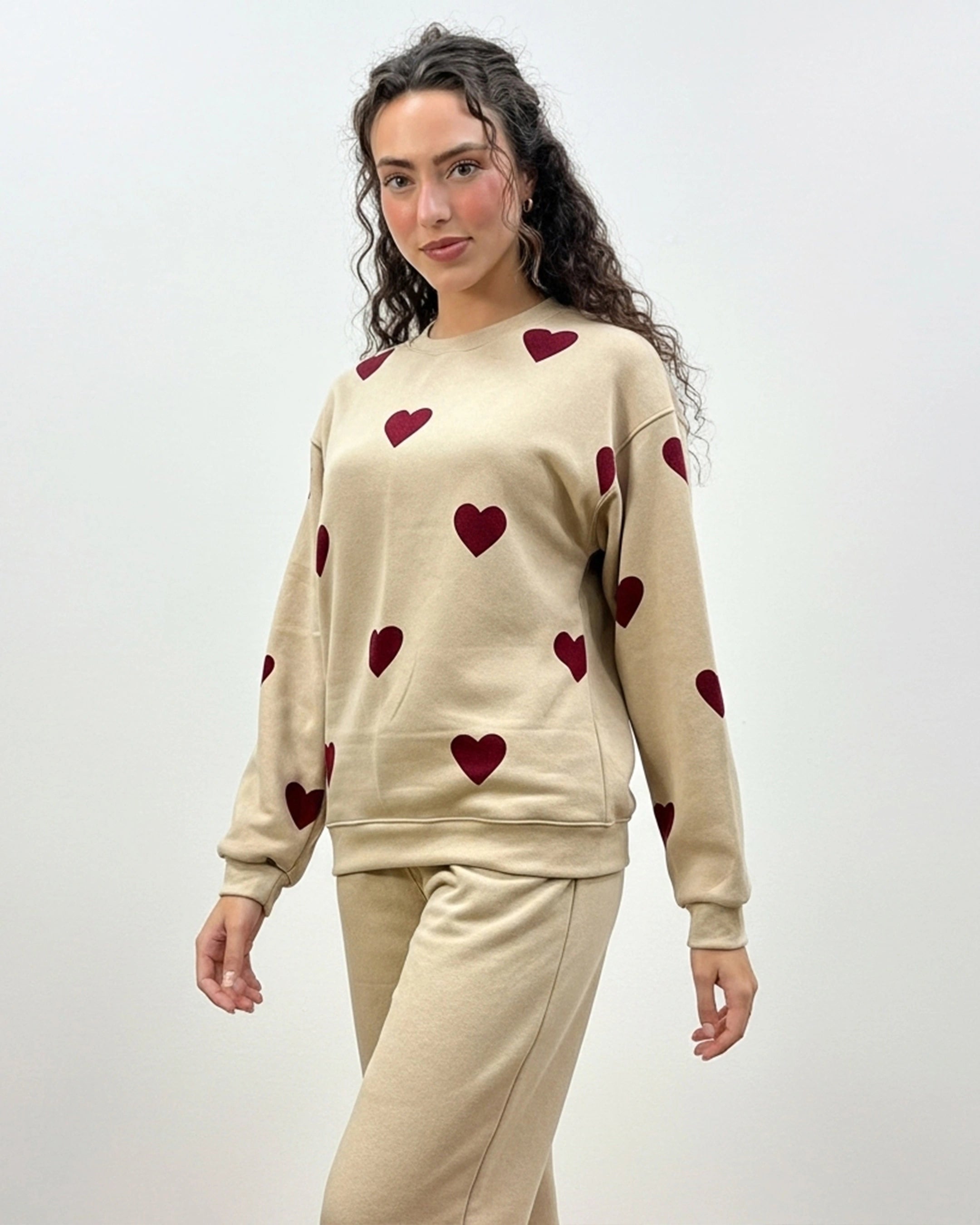 Fleece Pajama Set – Heart Cozy - Beige