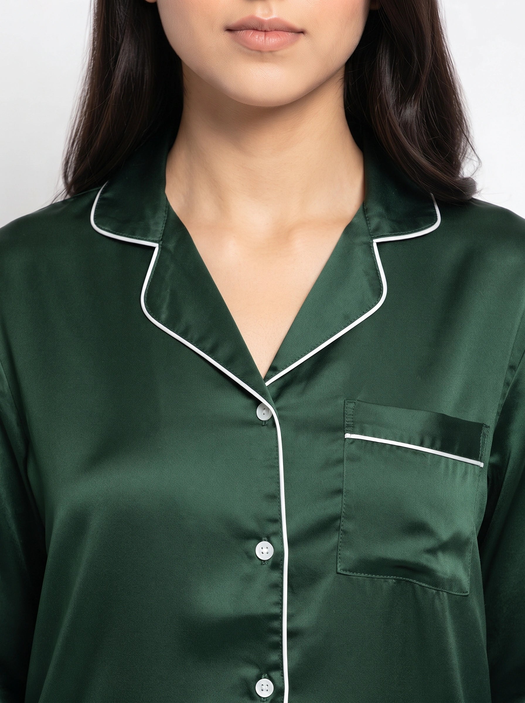 Satin Silk Pajama Suit - Noir - Dark Green
