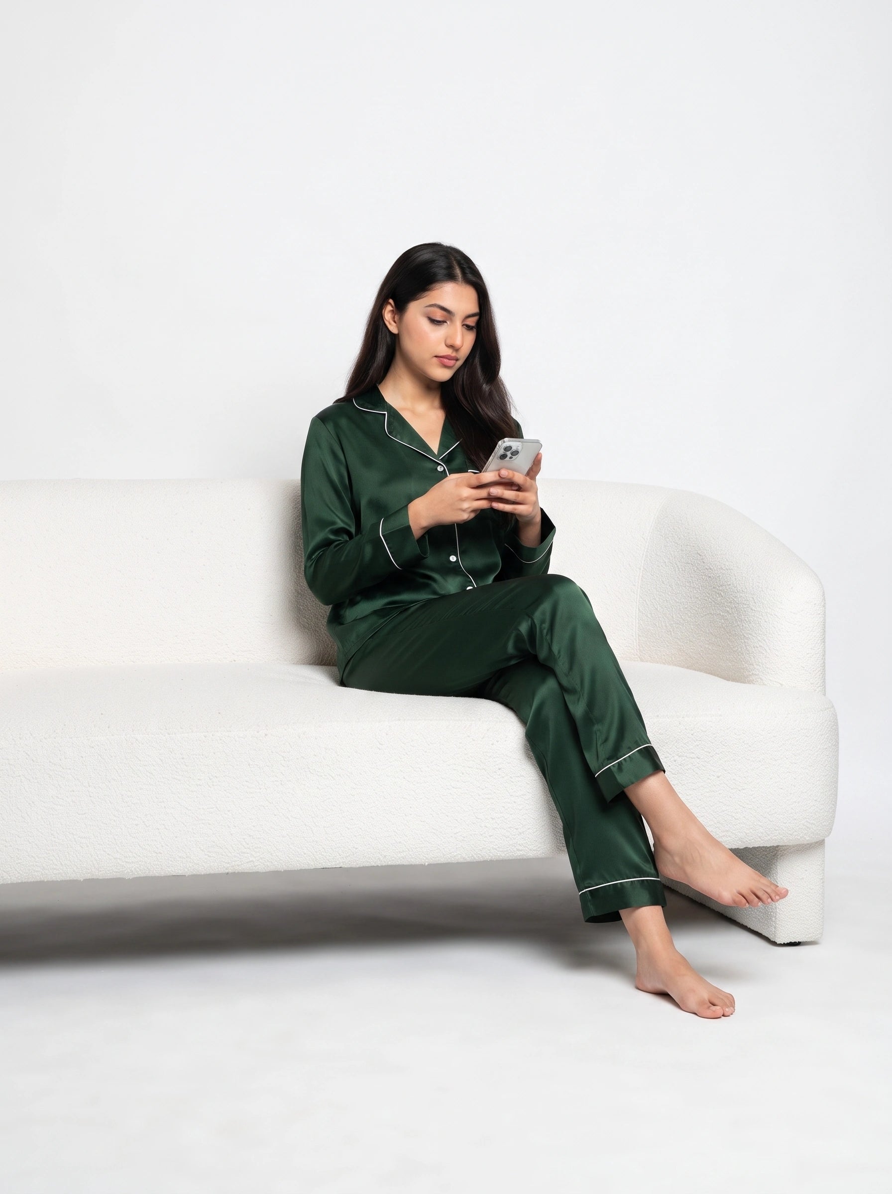 Satin Silk Pajama Suit - Noir - Dark Green