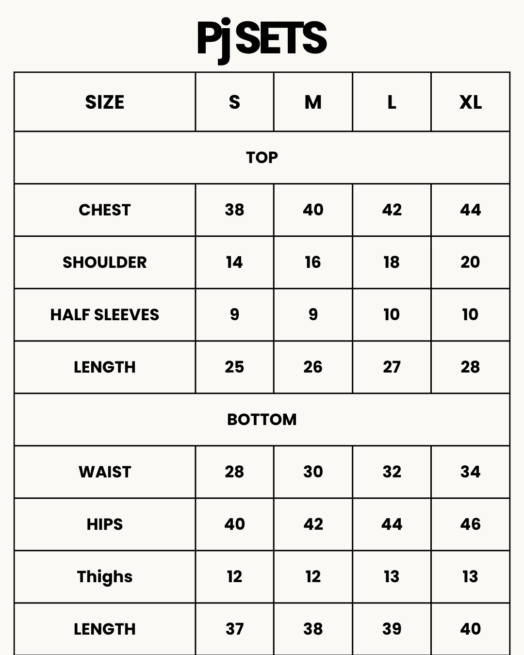 Size Chart for Linen Pajama Suit - Botanica