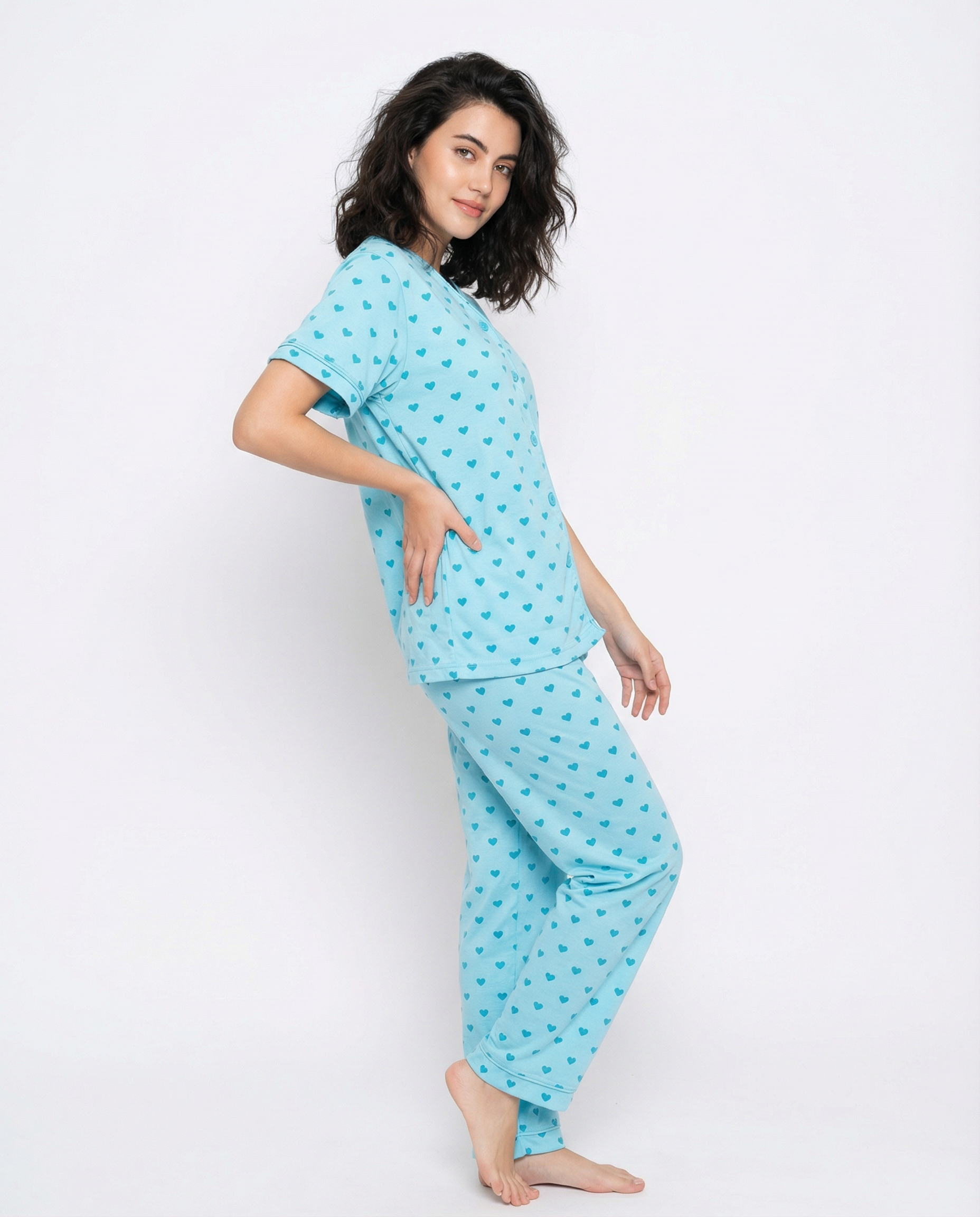 Cotton PJ Set - Heart Bliss - Cyan