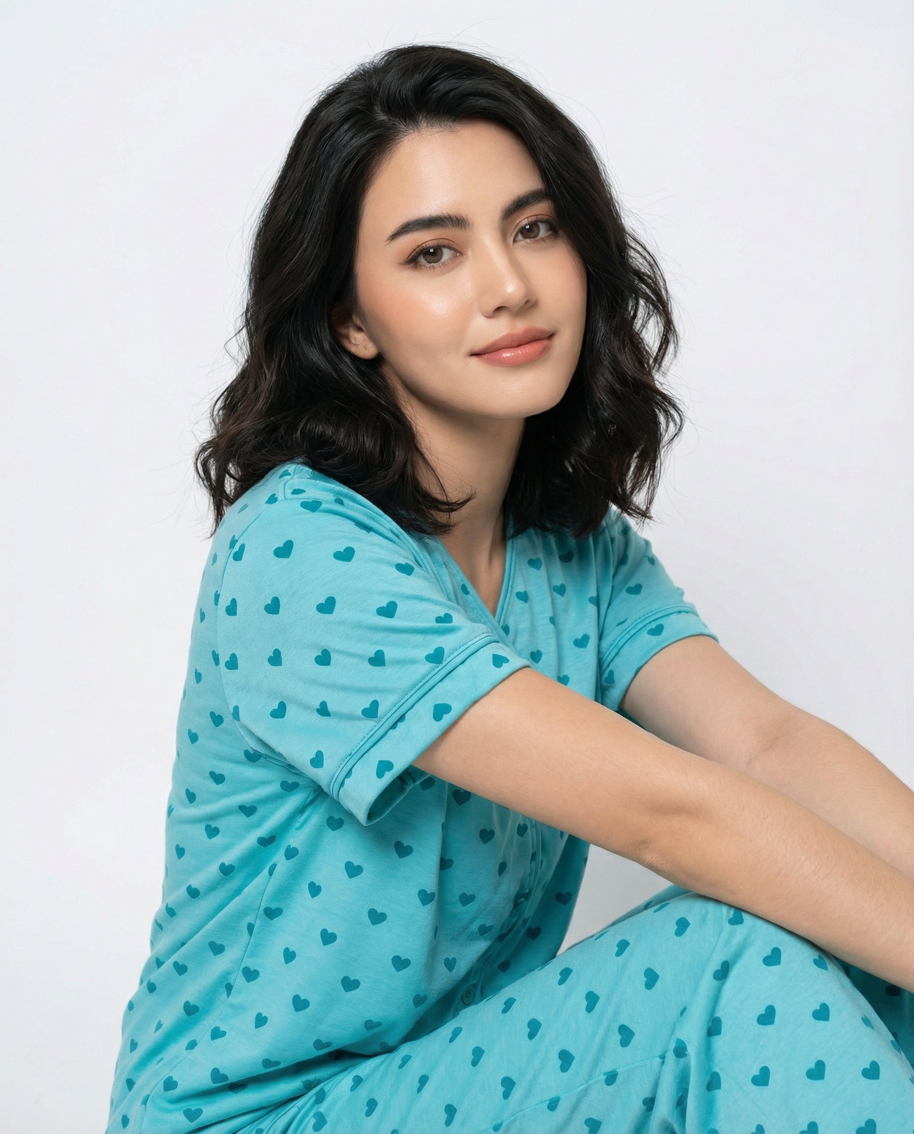 Cotton PJ Set - Heart Bliss - Cyan