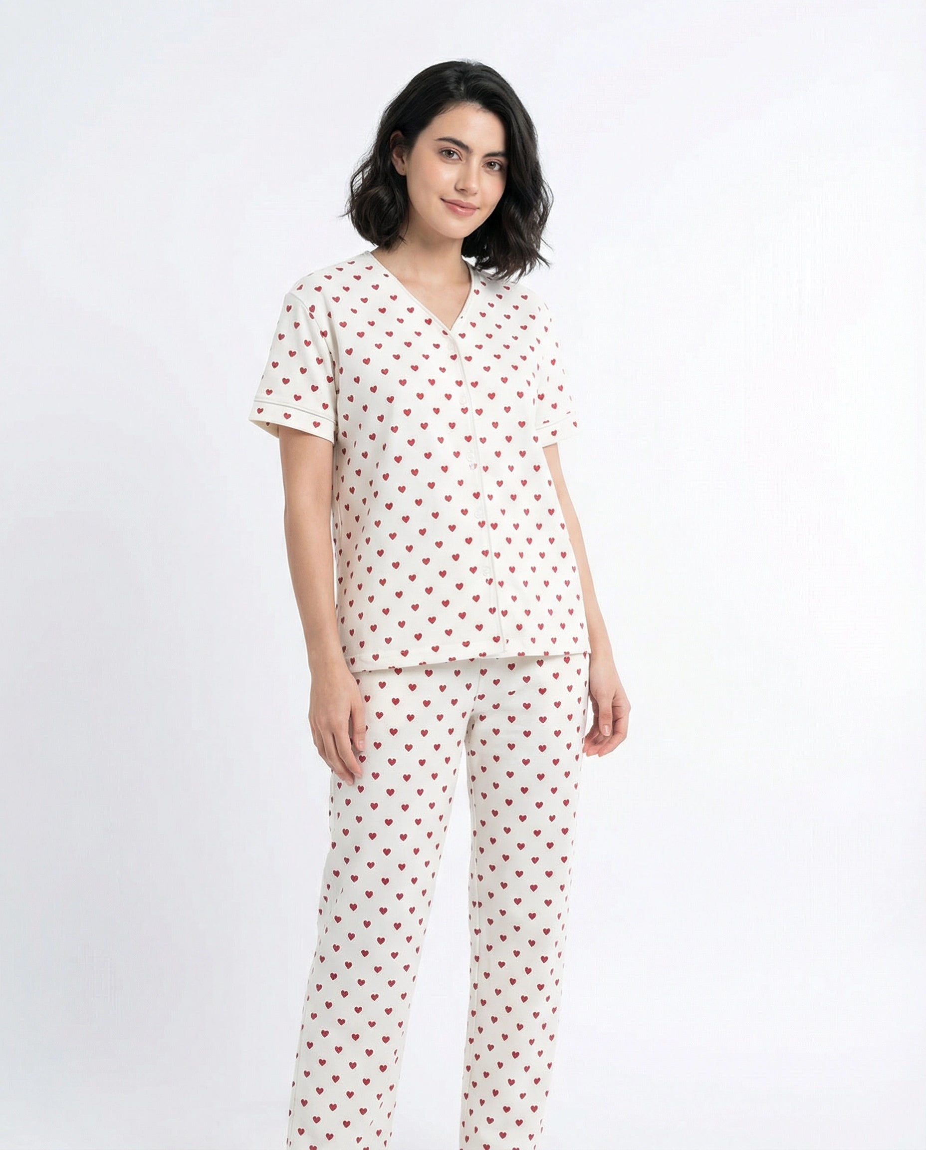 Cotton PJ Set - Heart Bliss - White