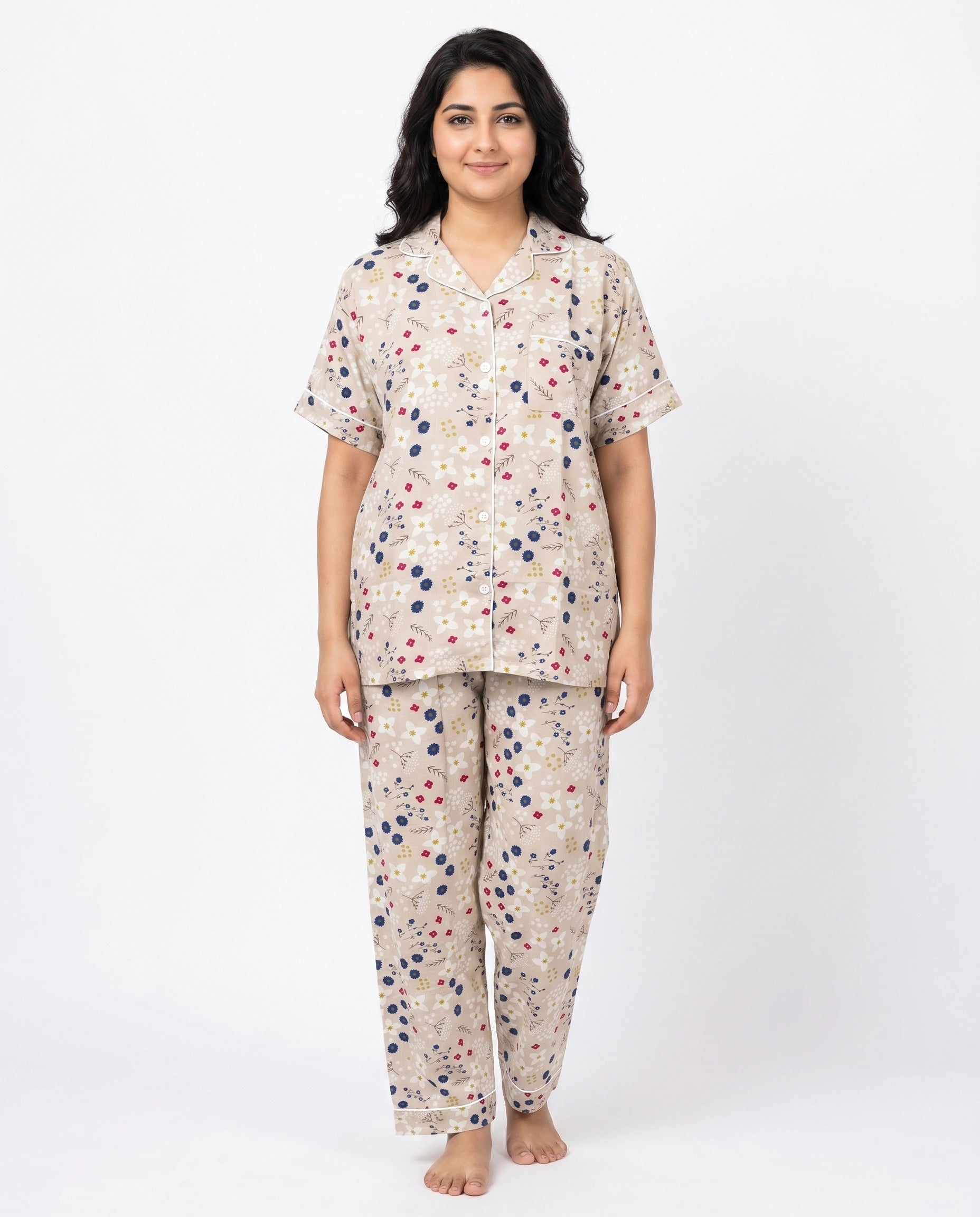 Linen PJ Set - Floral Beige